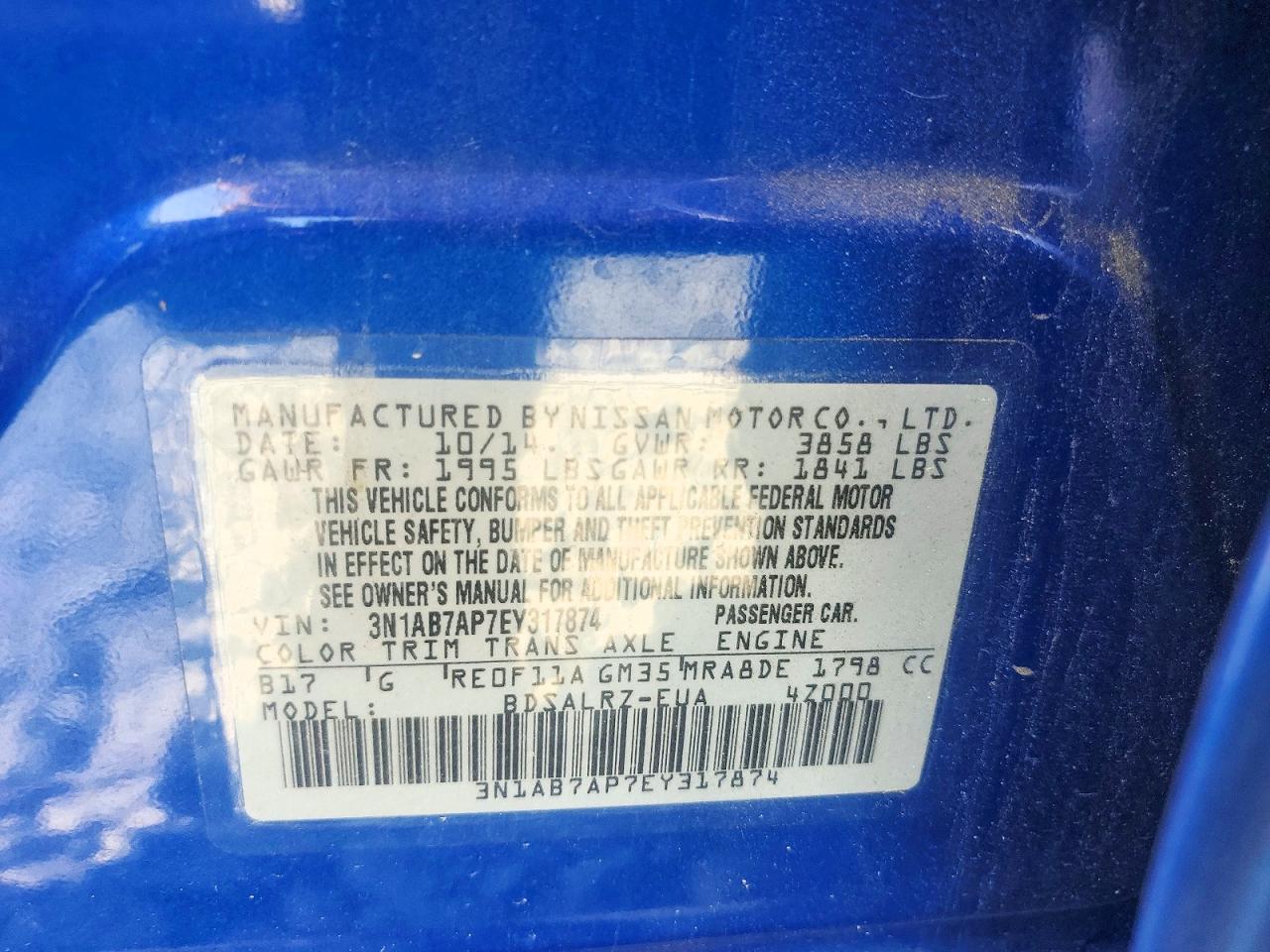 2014 Nissan Sentra Sr Blue vin: 3N1AB7AP7EY317874