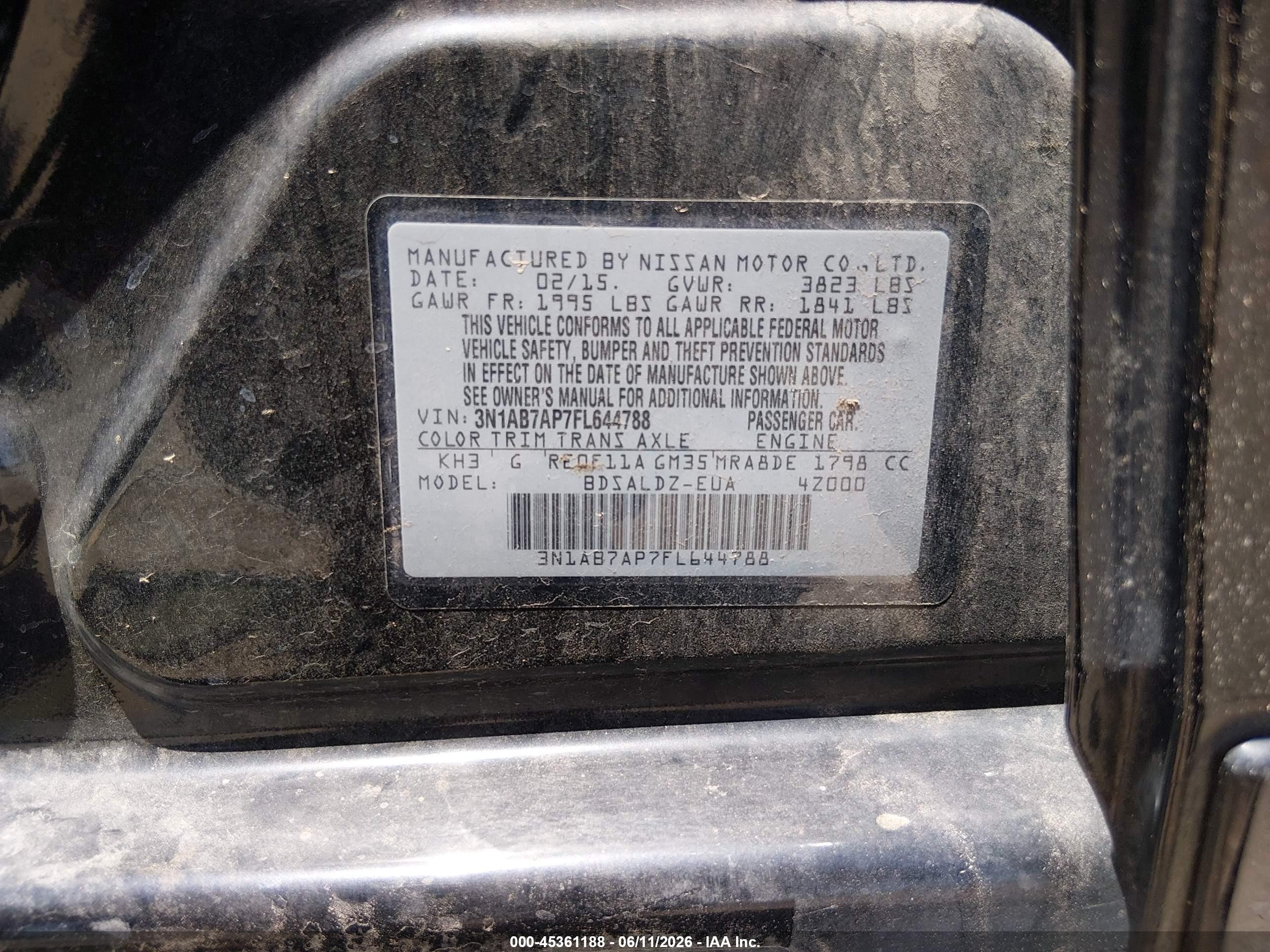 2015 Nissan Sentra Sv Black vin: 3N1AB7AP7FL644788