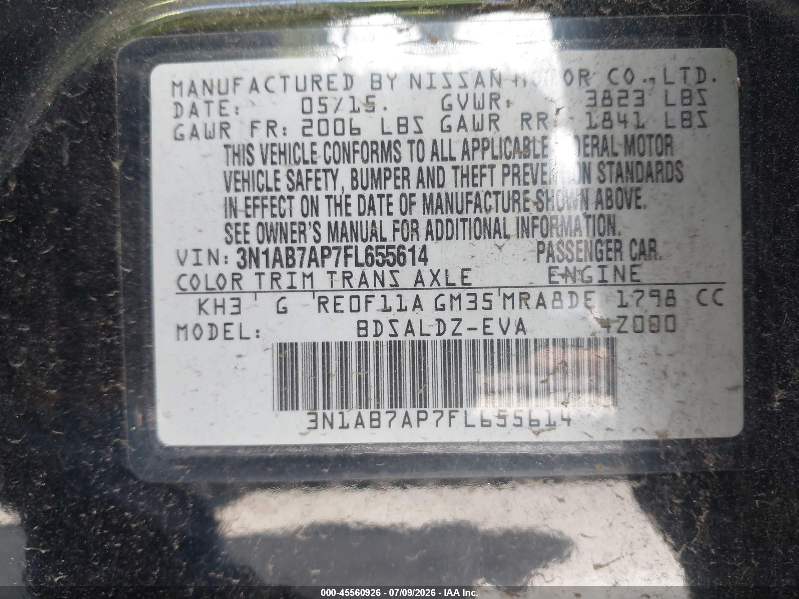 2015 Nissan Sentra Fe+ S/s/sl/sr/sv Черный vin: 3N1AB7AP7FL655614