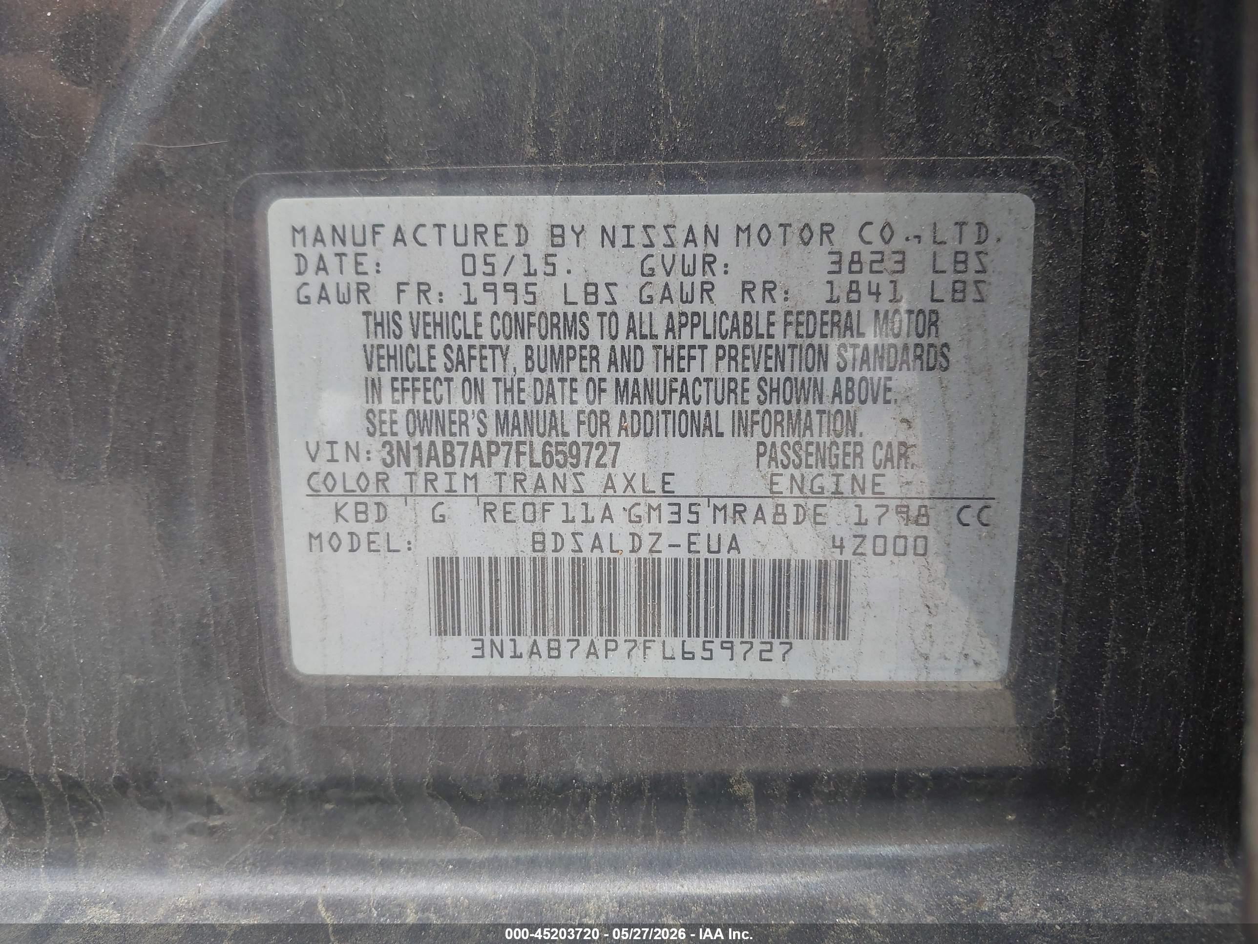 2015 Nissan Sentra Fe+ S/s/sl/sr/sv Gray vin: 3N1AB7AP7FL659727