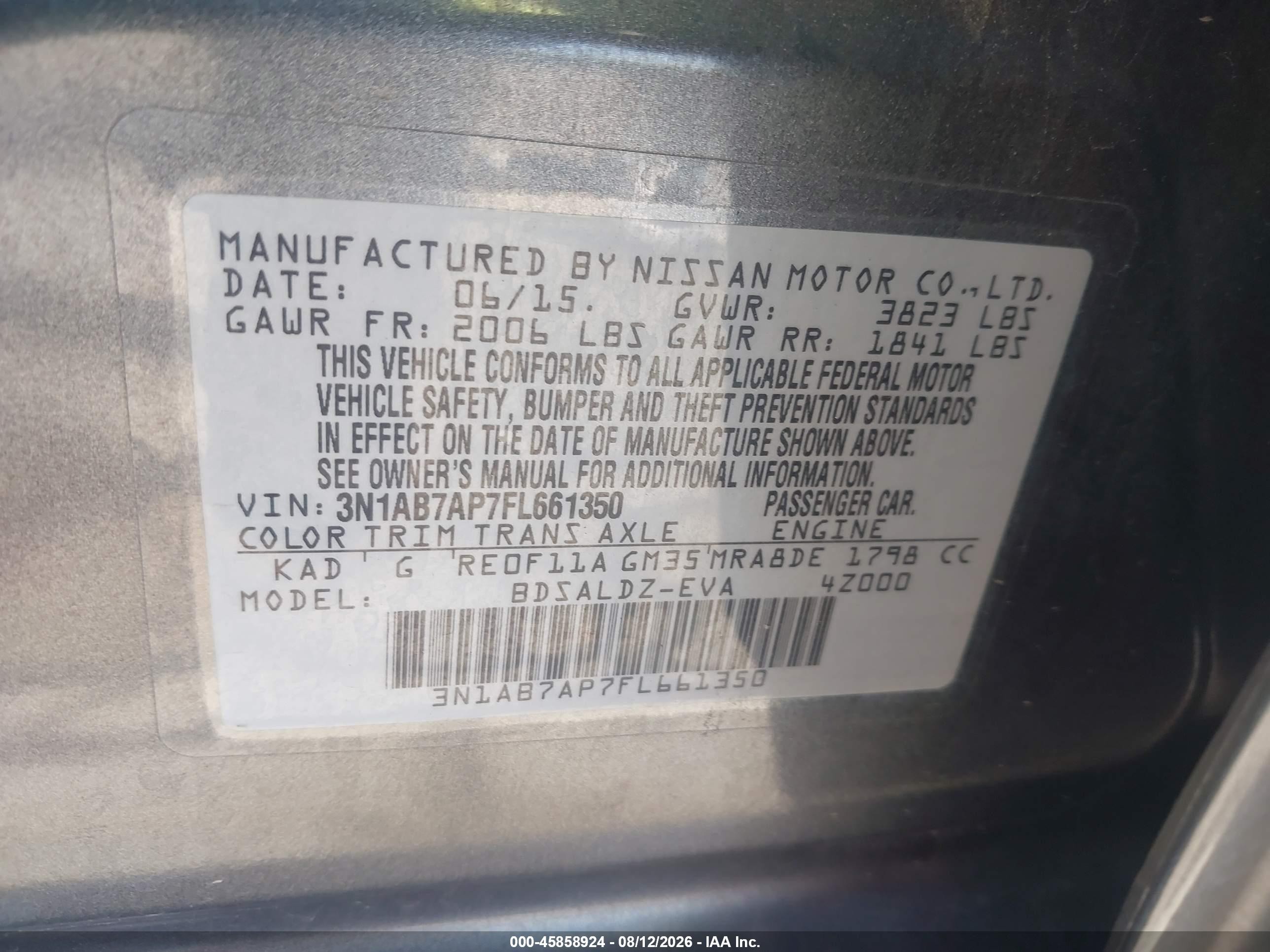 2015 Nissan Sentra Fe+ S/s/sl/sr/sv Gray vin: 3N1AB7AP7FL661350