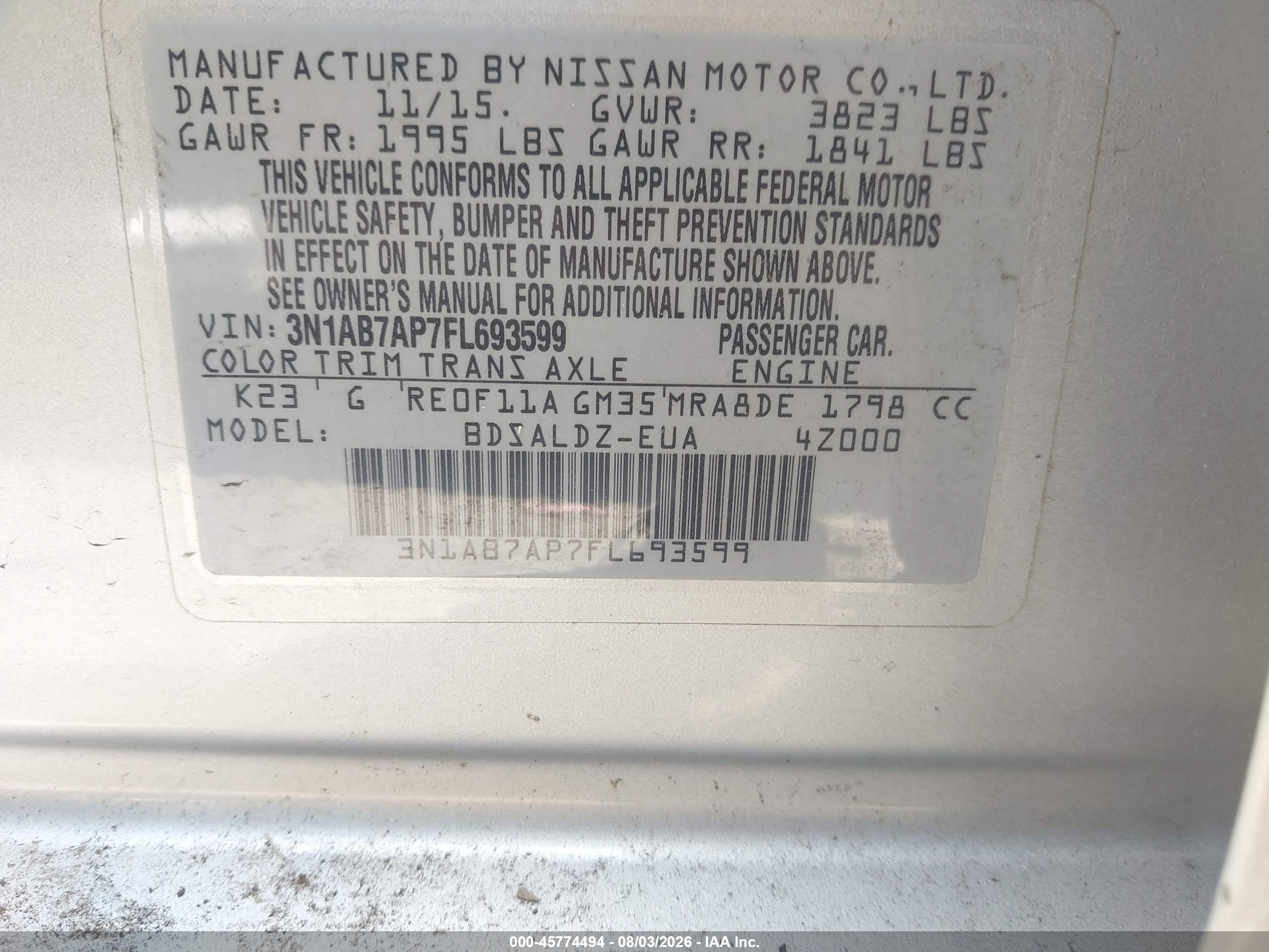 2015 Nissan Sentra Sv Silver vin: 3N1AB7AP7FL693599