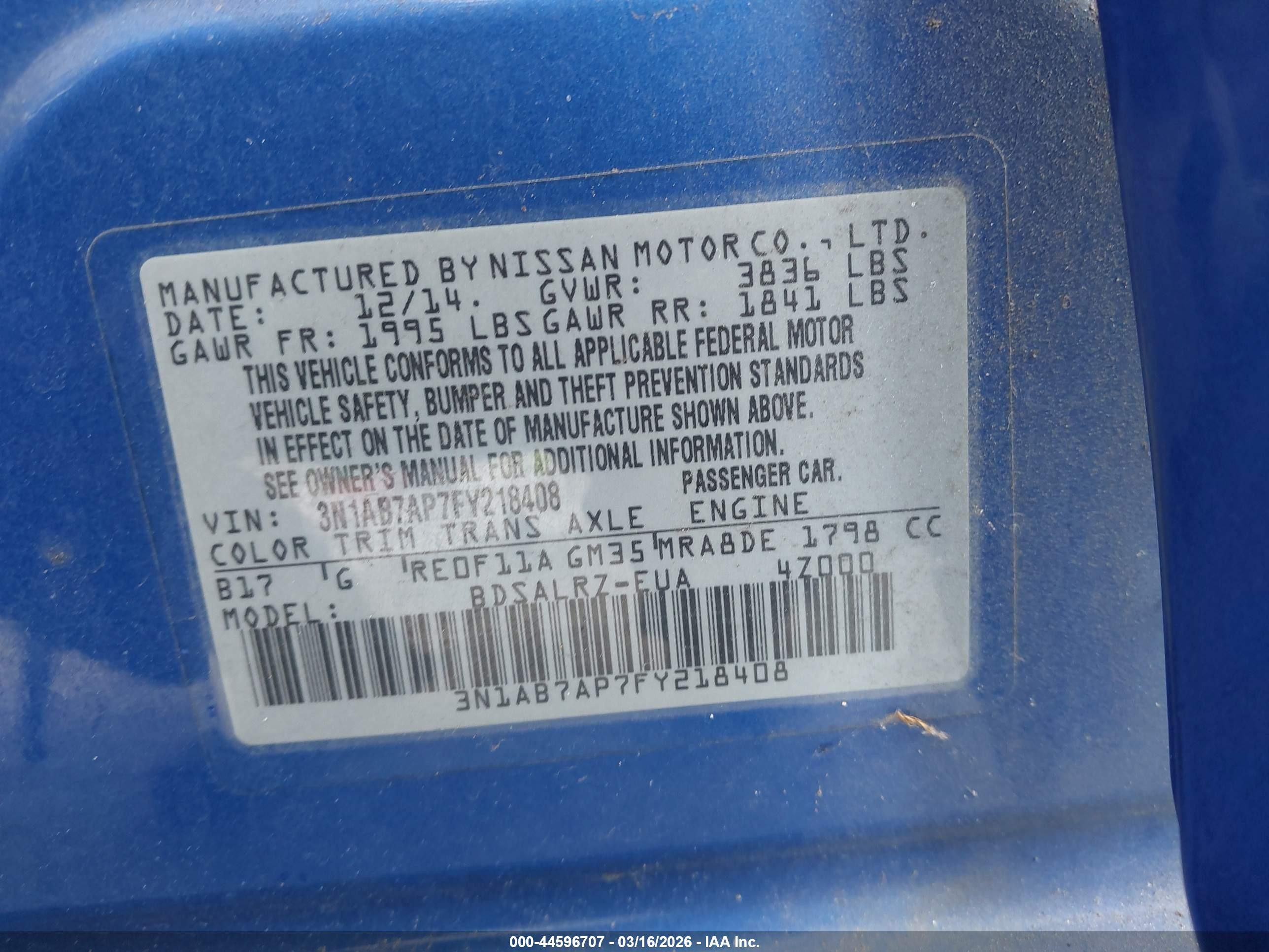 2015 Nissan Sentra Sr Blue vin: 3N1AB7AP7FY218408