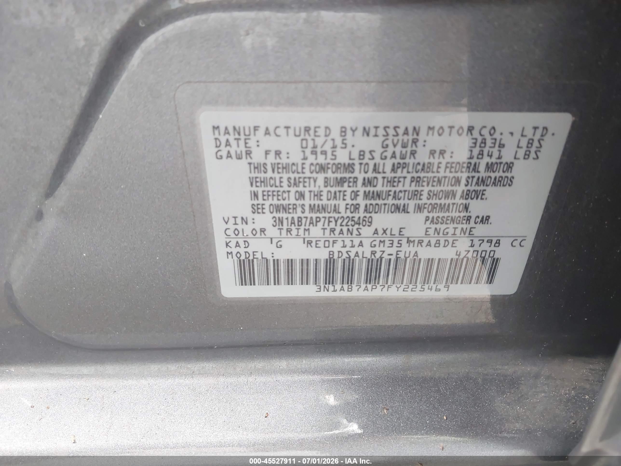 2015 Nissan Sentra Sr Gray vin: 3N1AB7AP7FY225469