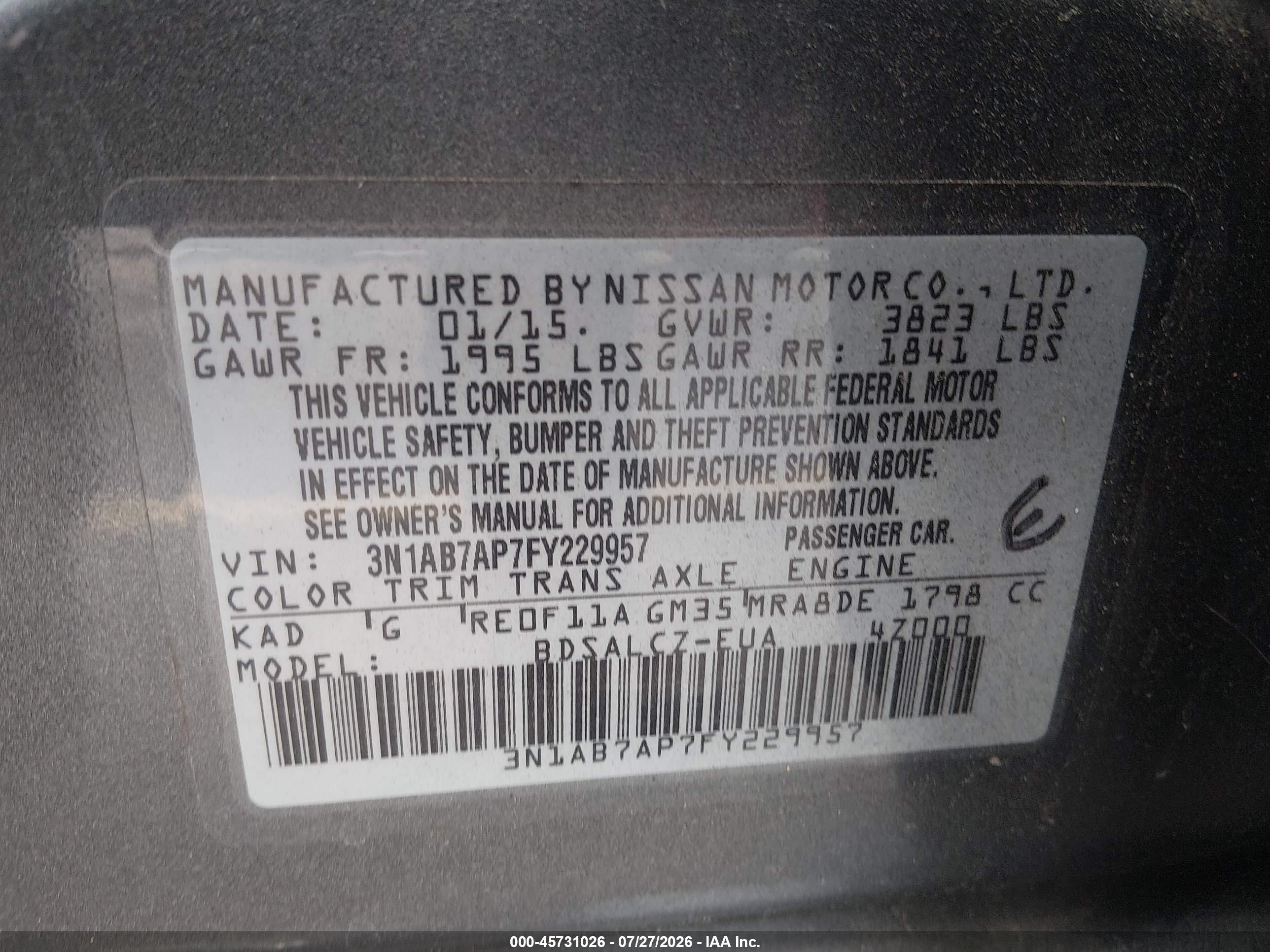2015 Nissan Sentra S Gray vin: 3N1AB7AP7FY229957