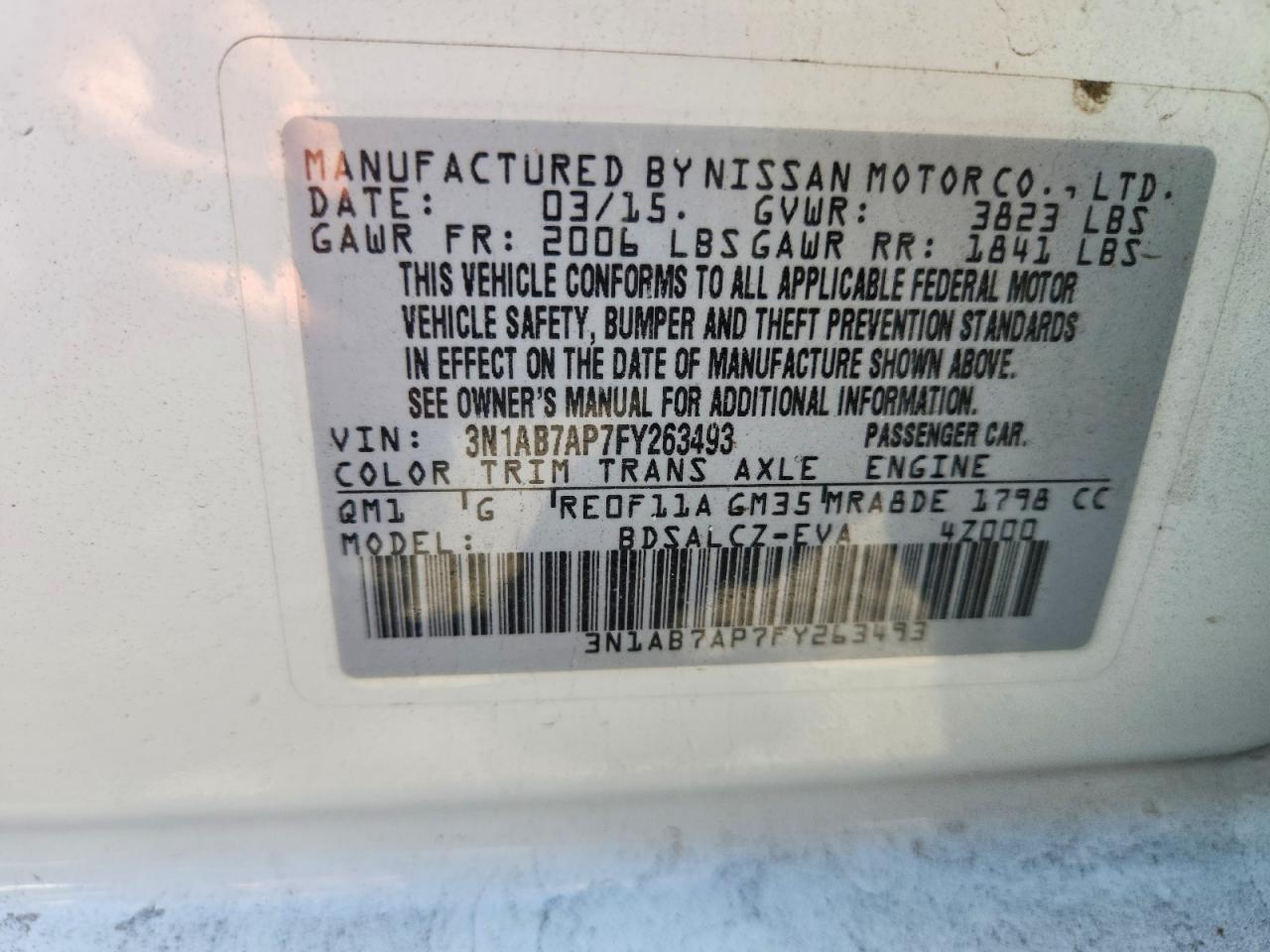 2015 Nissan Sentra S White vin: 3N1AB7AP7FY263493