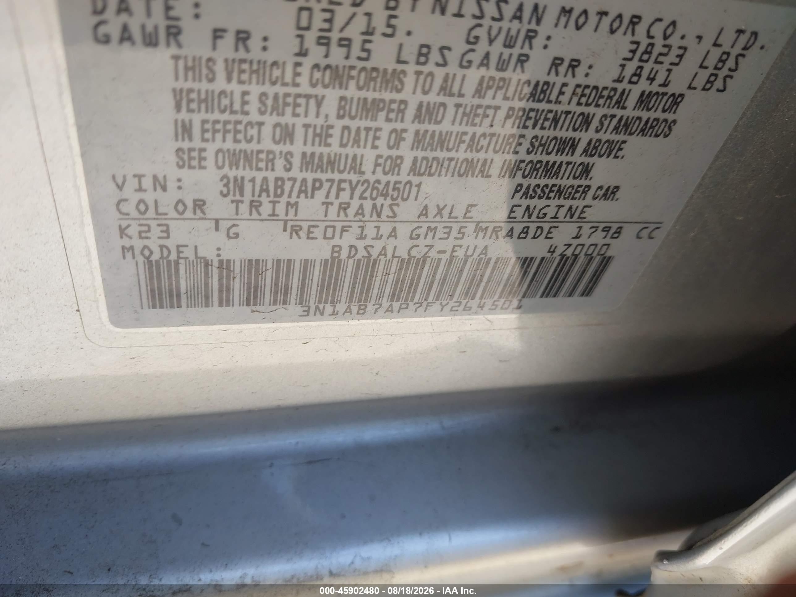 2015 Nissan Sentra S Gray vin: 3N1AB7AP7FY264501
