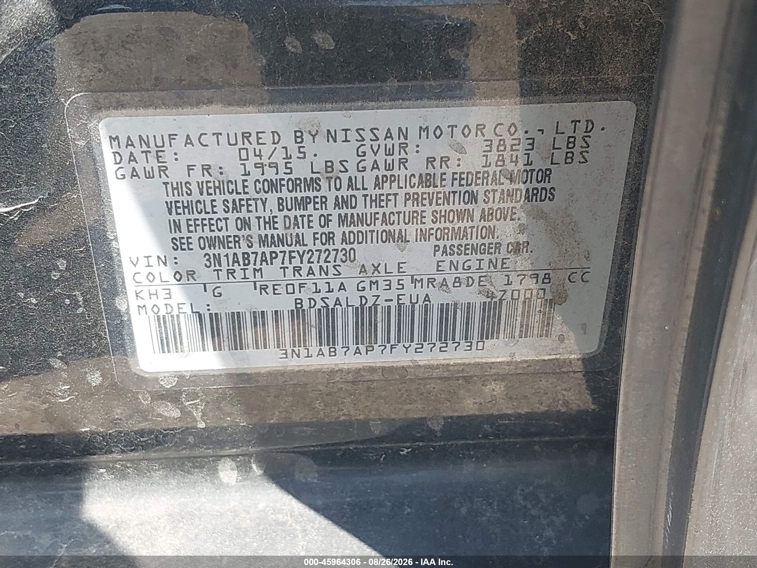 2015 Nissan Sentra Fe+ S/s/sl/sr/sv Черный vin: 3N1AB7AP7FY272730