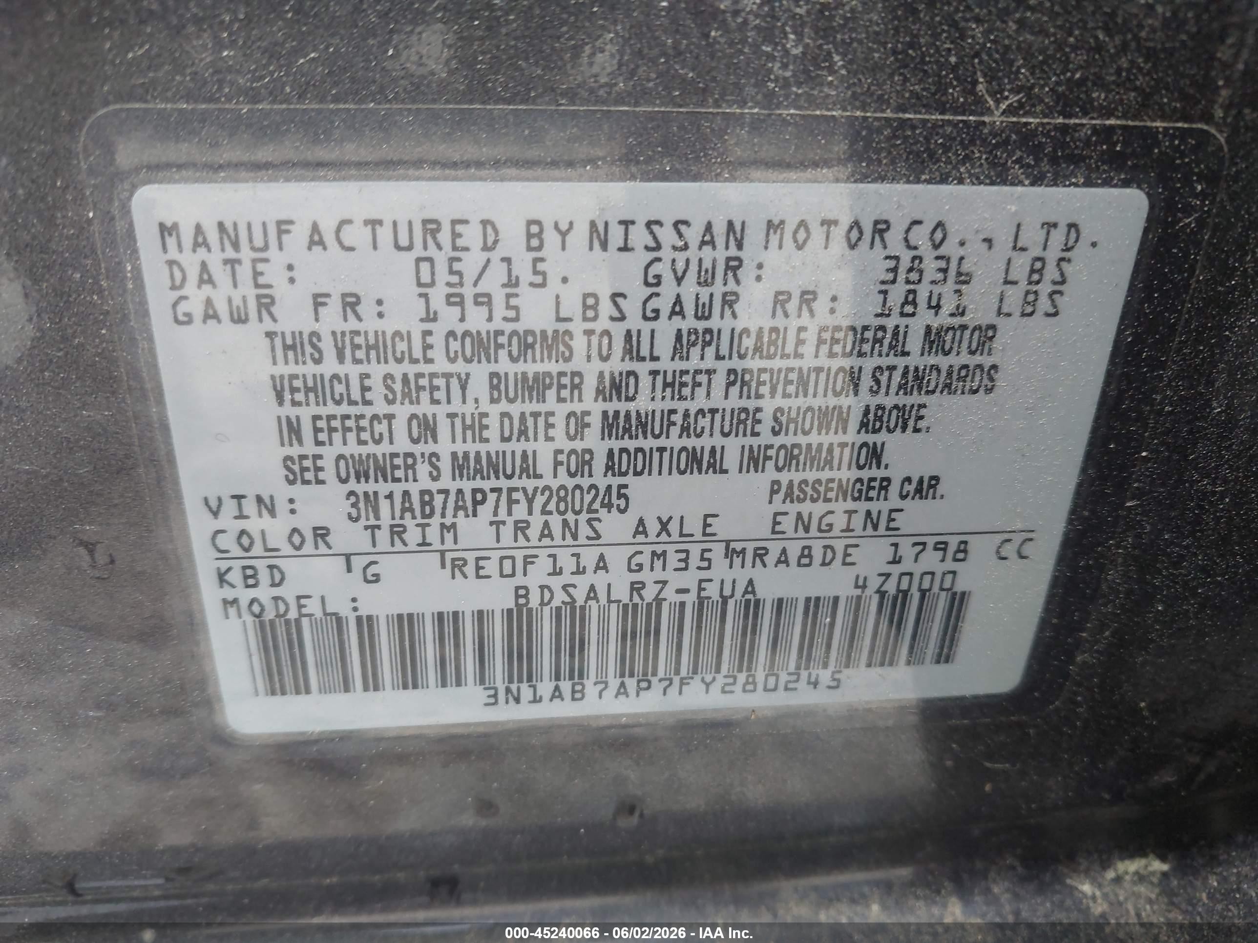 2015 Nissan Sentra Sr Серый vin: 3N1AB7AP7FY280245