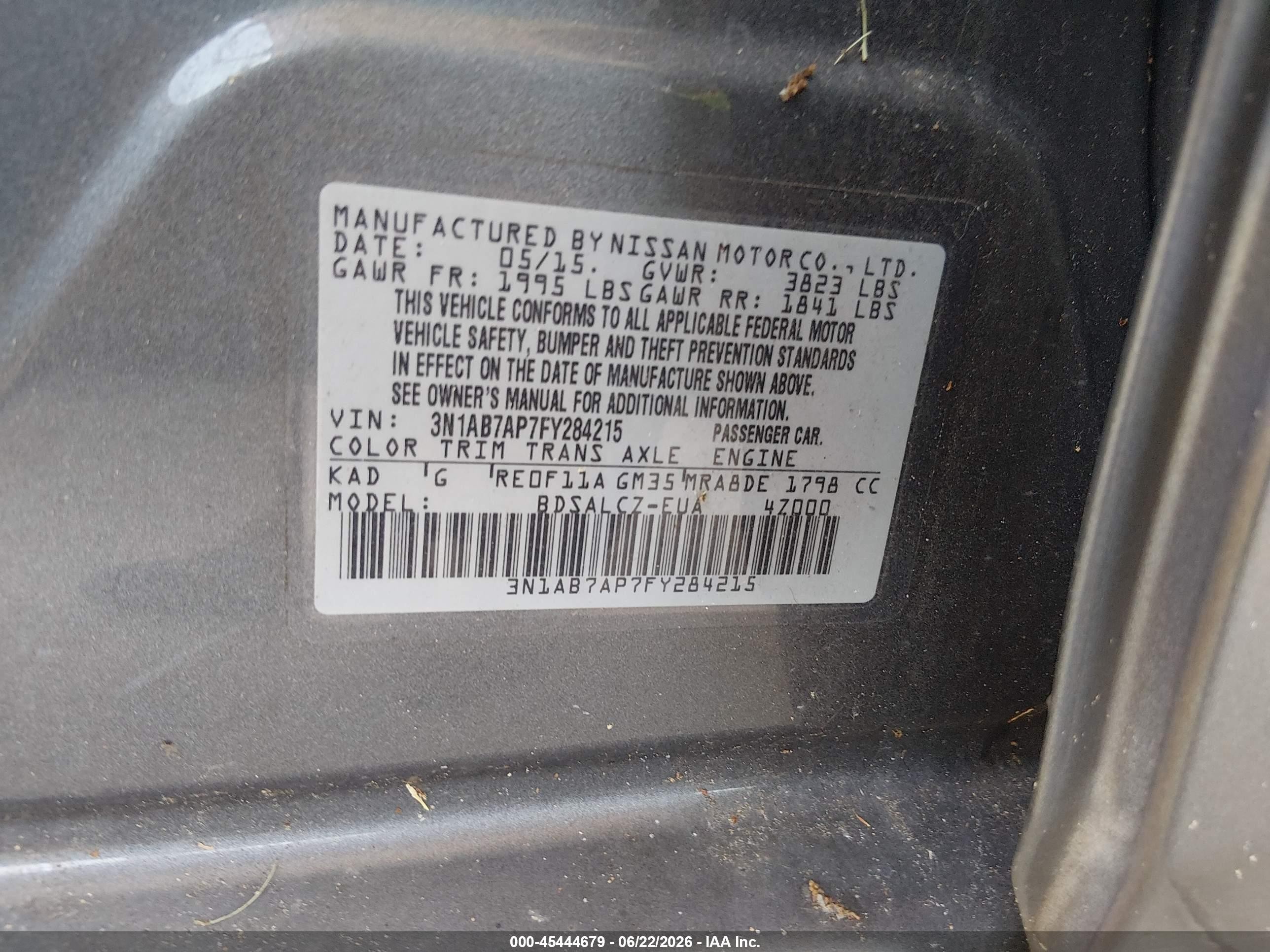 2015 Nissan Sentra S Gray vin: 3N1AB7AP7FY284215