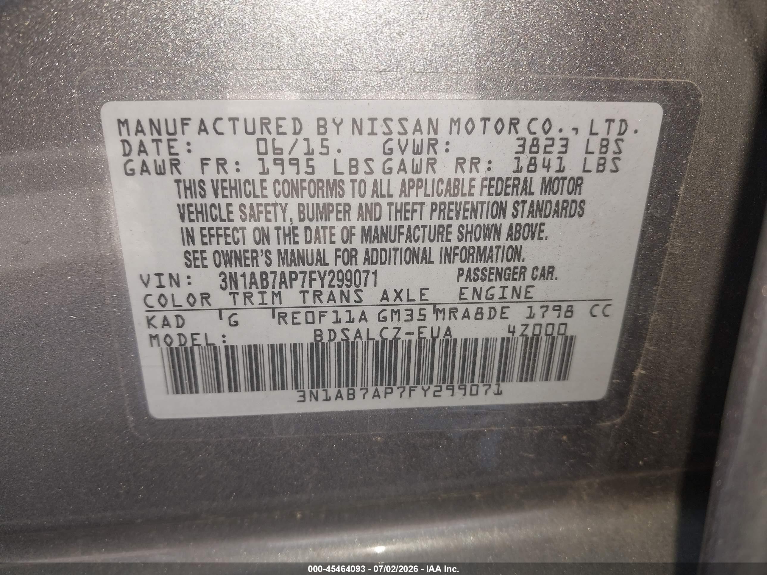 2015 Nissan Sentra S Gray vin: 3N1AB7AP7FY299071