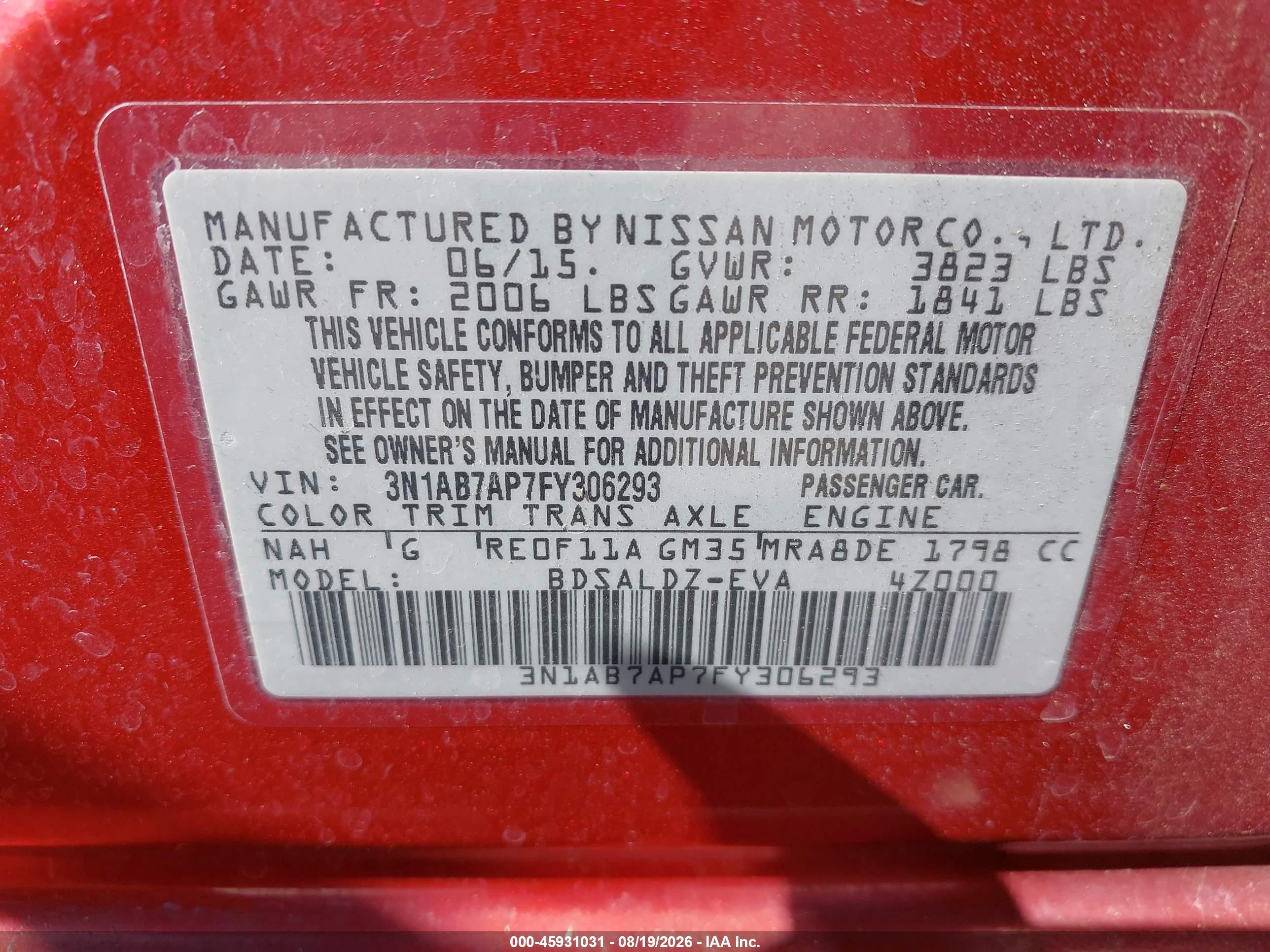 2015 Nissan Sentra S/sv/sr/sl Red vin: 3N1AB7AP7FY306293