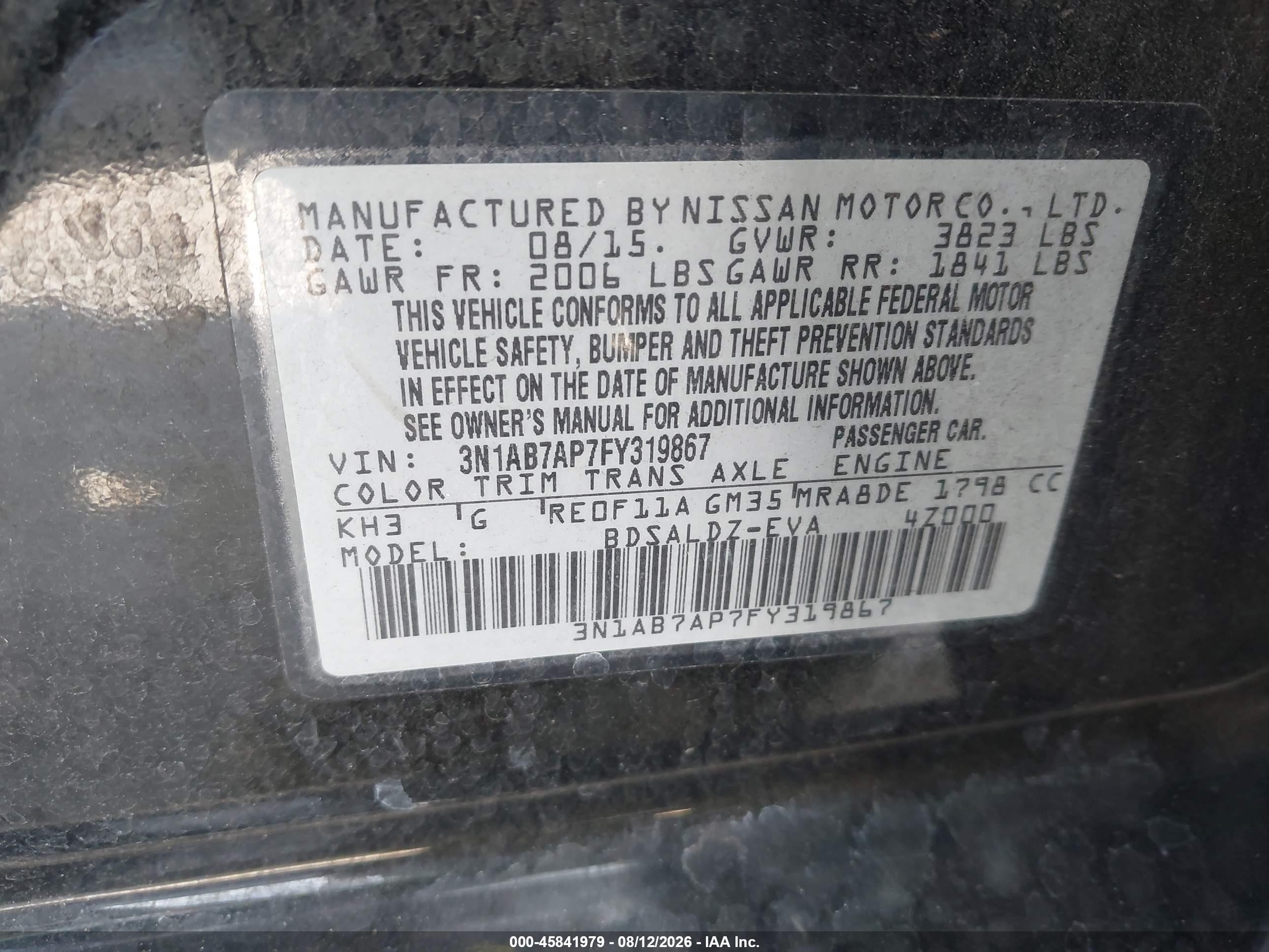 2015 Nissan Sentra Sv Black vin: 3N1AB7AP7FY319867