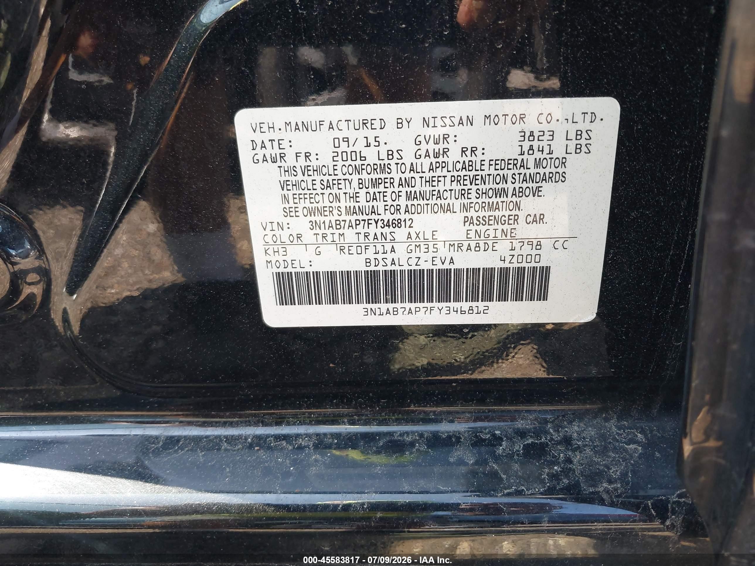 2015 Nissan Sentra S Black vin: 3N1AB7AP7FY346812