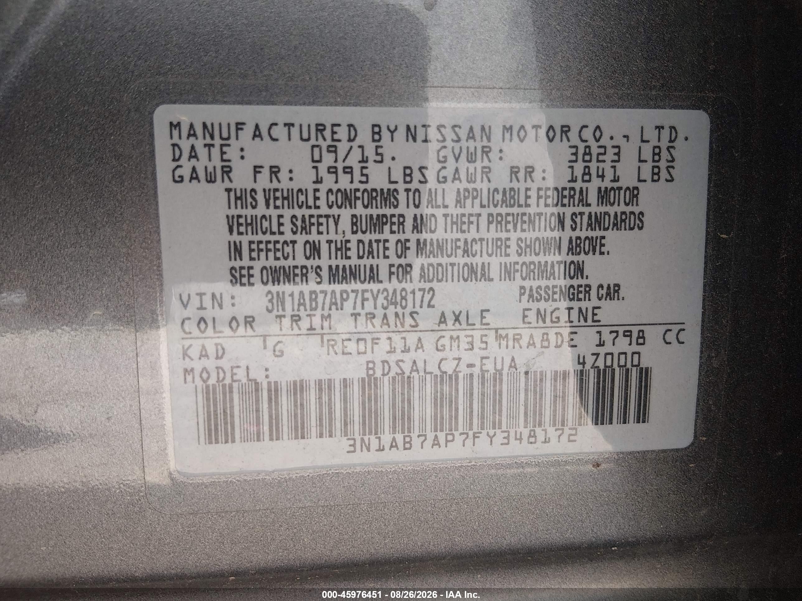2015 Nissan Sentra S Gray vin: 3N1AB7AP7FY348172