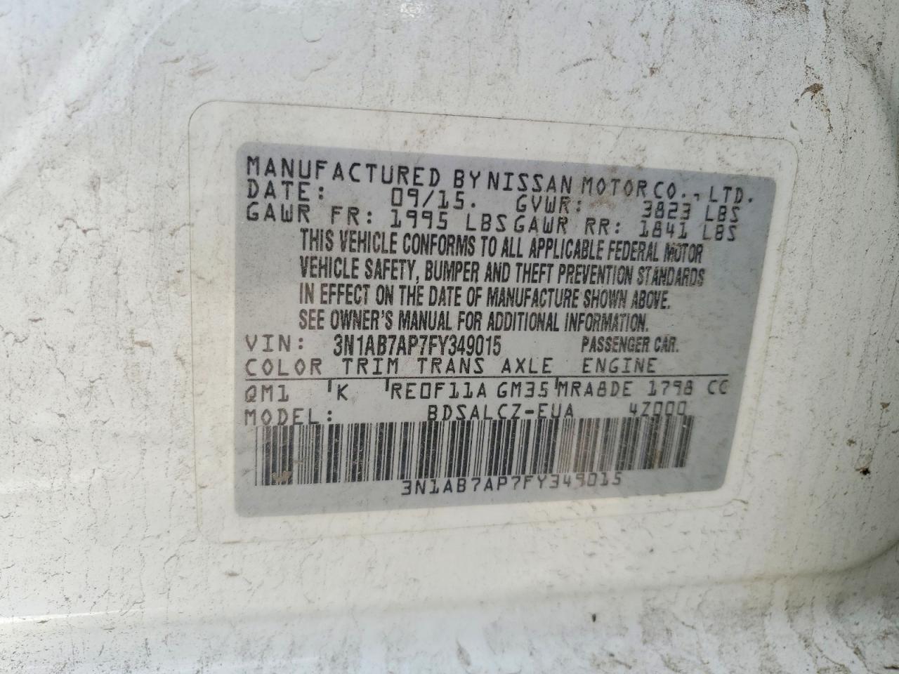 2015 Nissan Sentra S White vin: 3N1AB7AP7FY349015