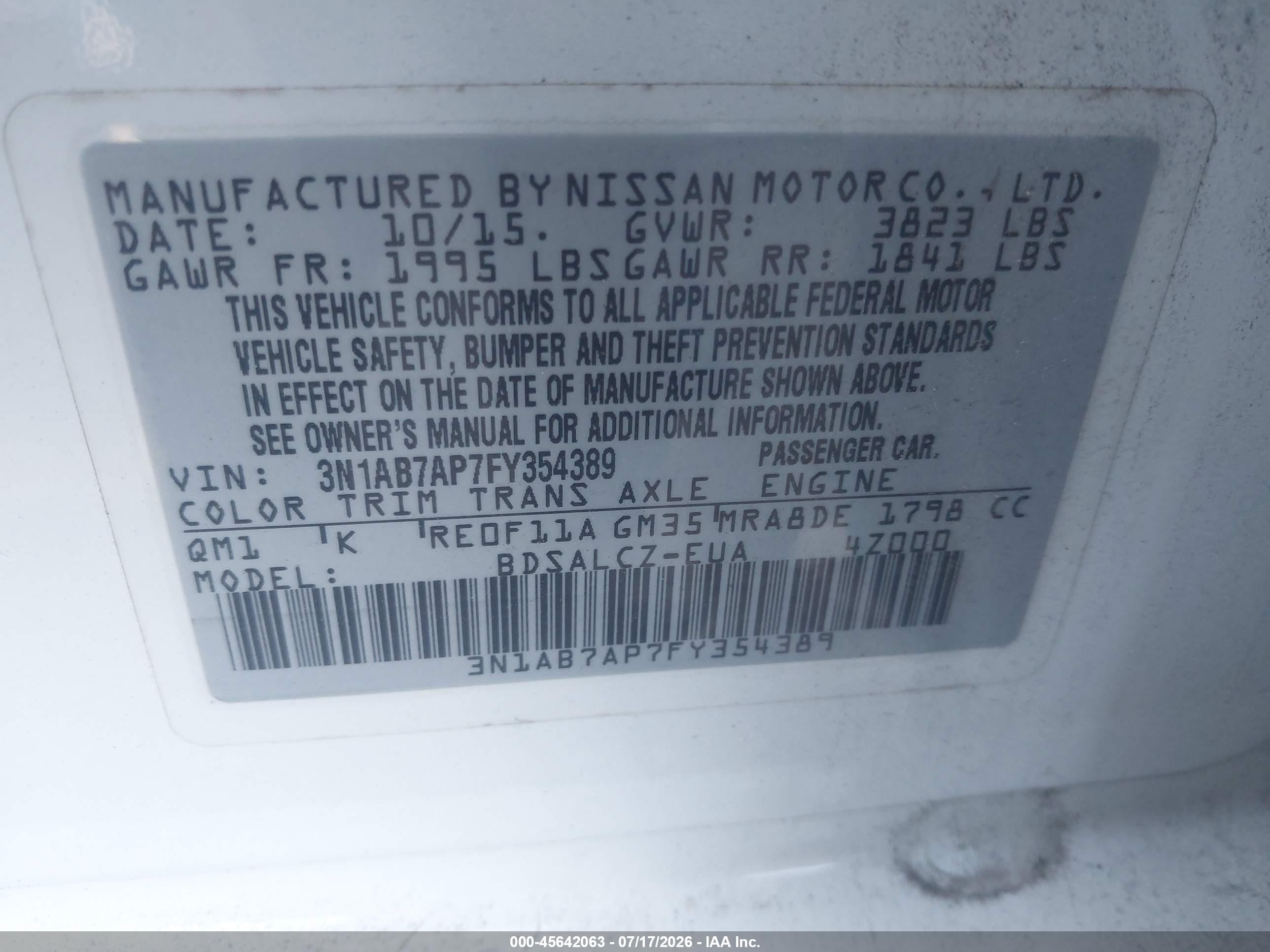 2015 Nissan Sentra S White vin: 3N1AB7AP7FY354389