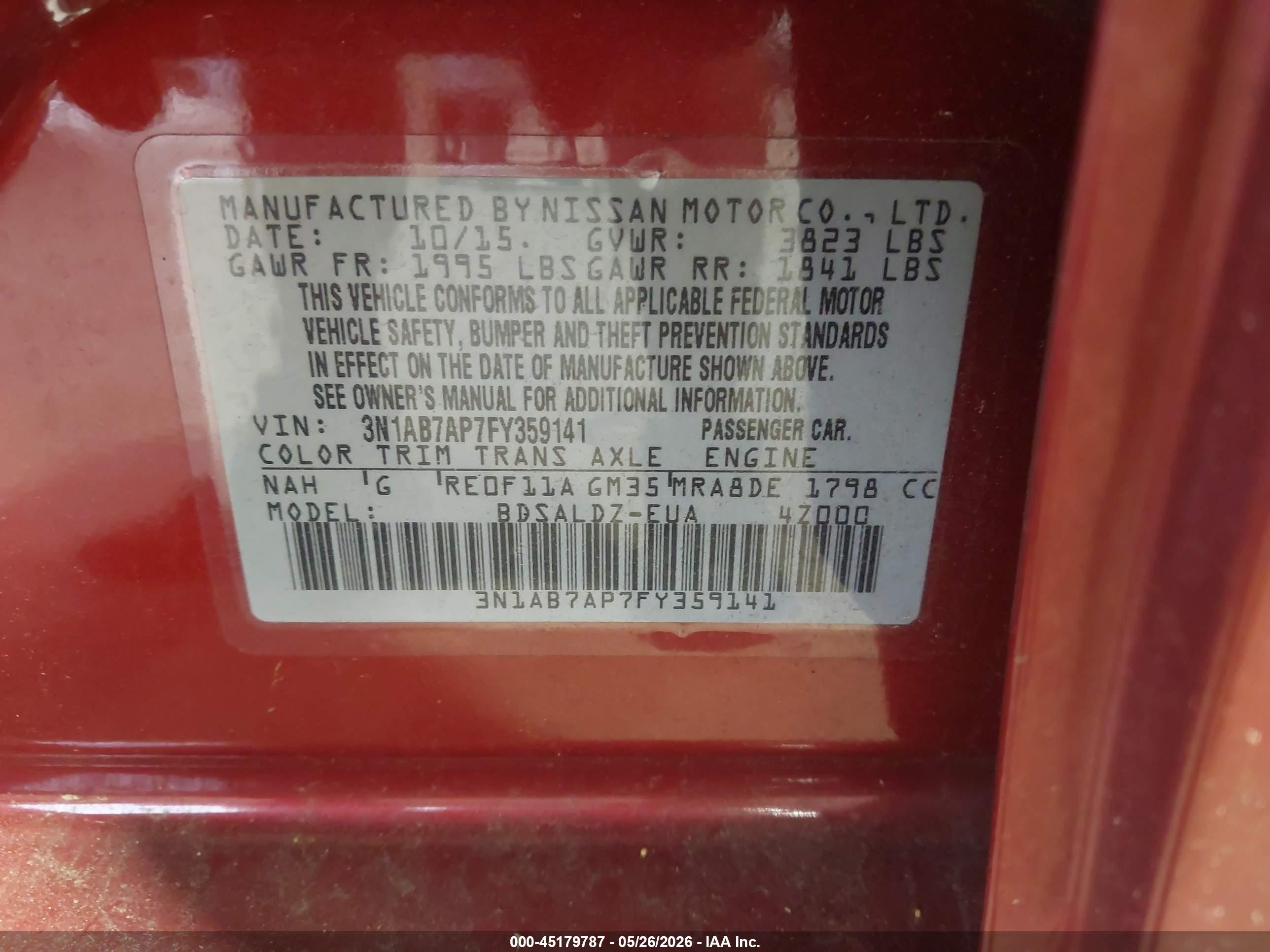 2015 Nissan Sentra Sv Red vin: 3N1AB7AP7FY359141