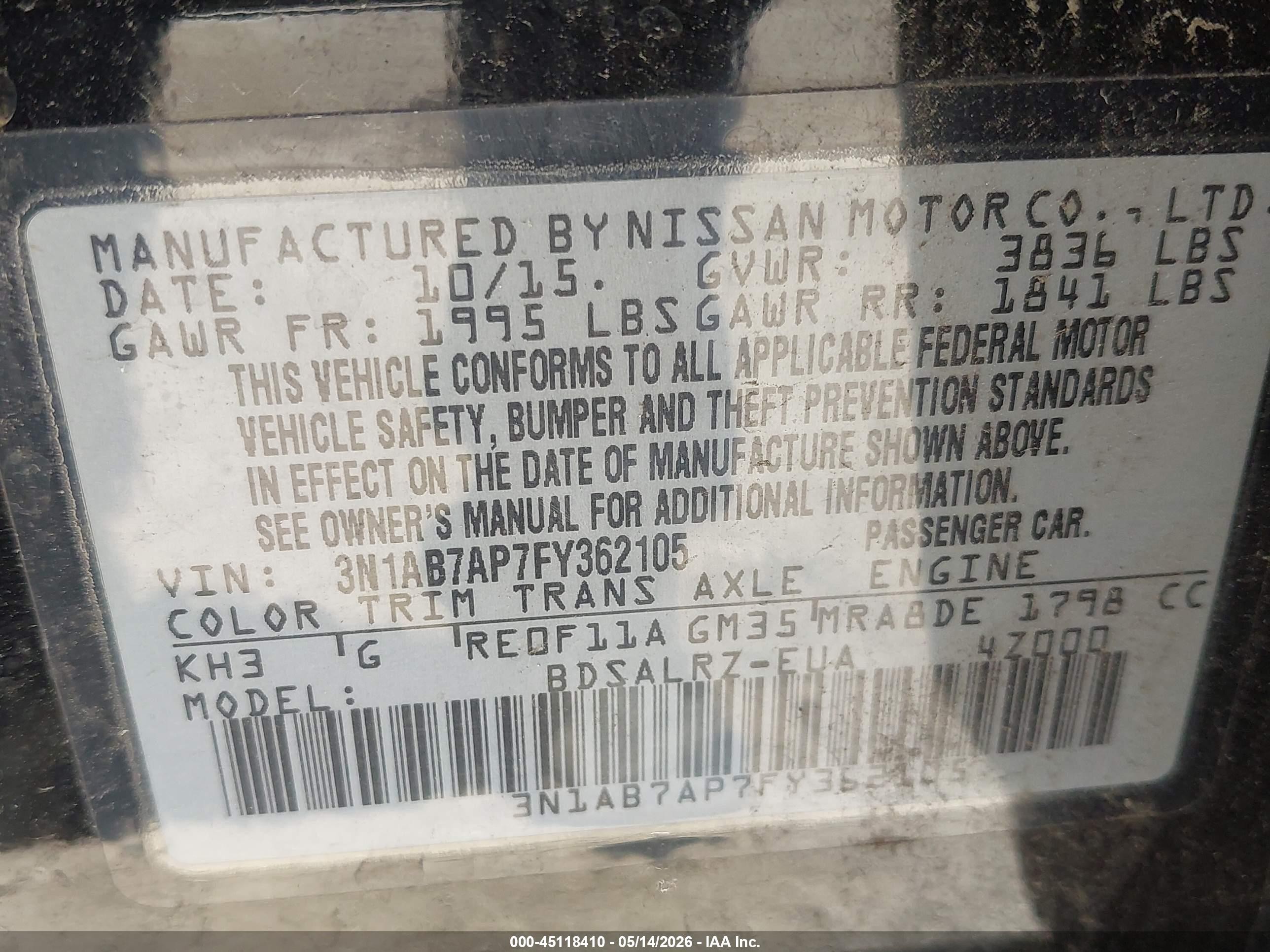 2015 Nissan Sentra Sr Black vin: 3N1AB7AP7FY362105