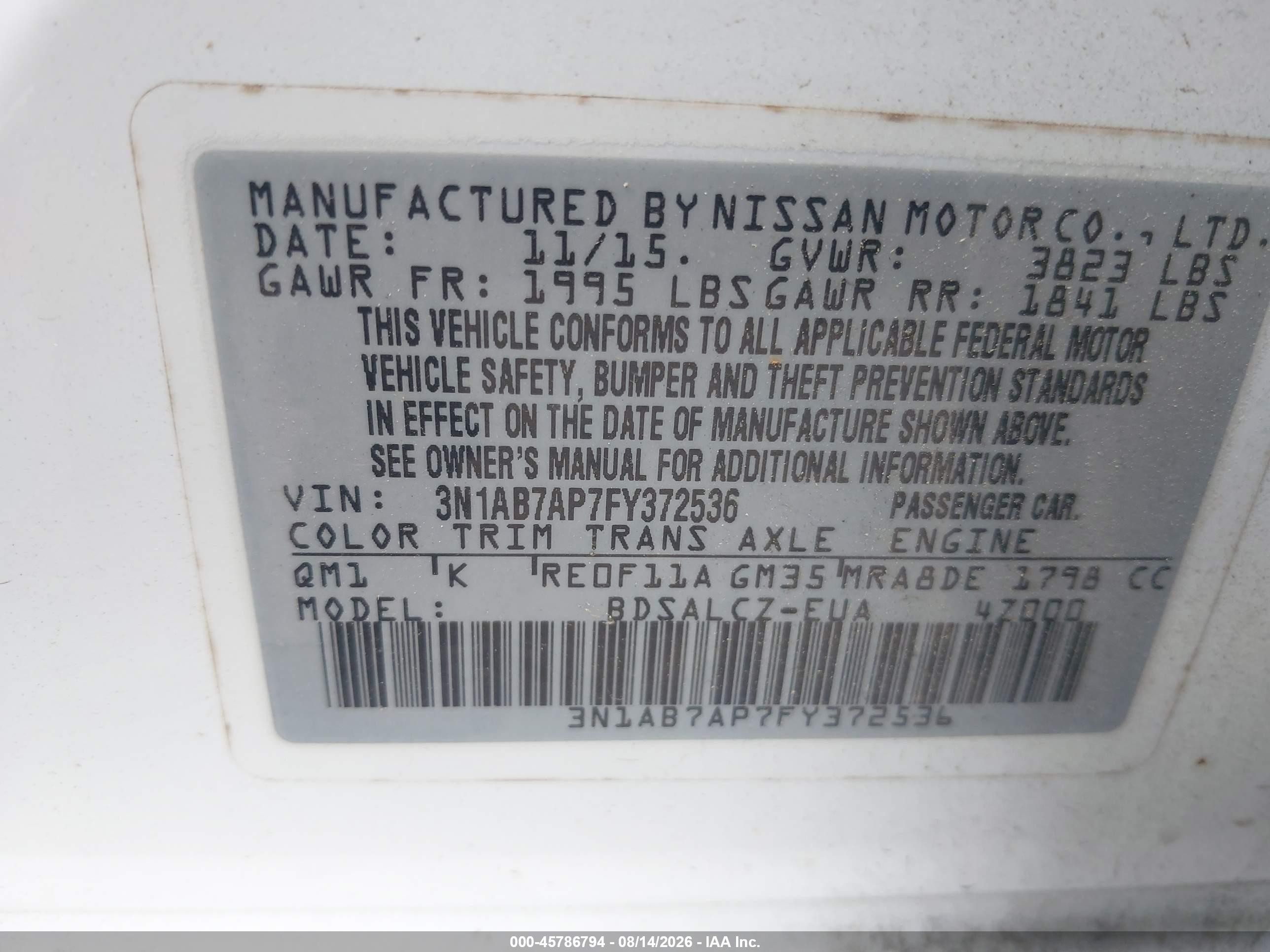 2015 Nissan Sentra S White vin: 3N1AB7AP7FY372536
