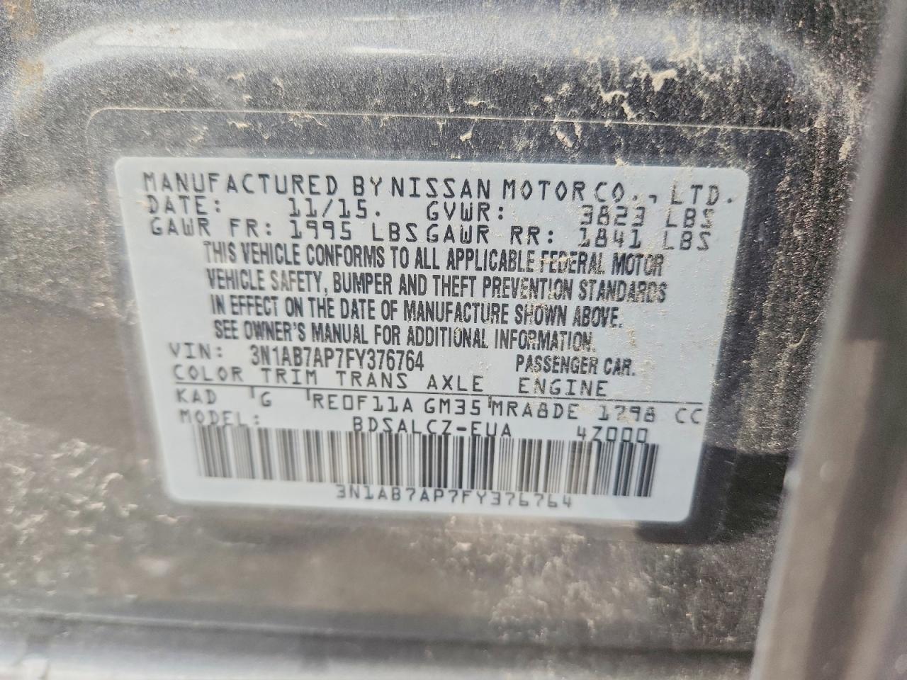 2015 Nissan Sentra S Gray vin: 3N1AB7AP7FY376764