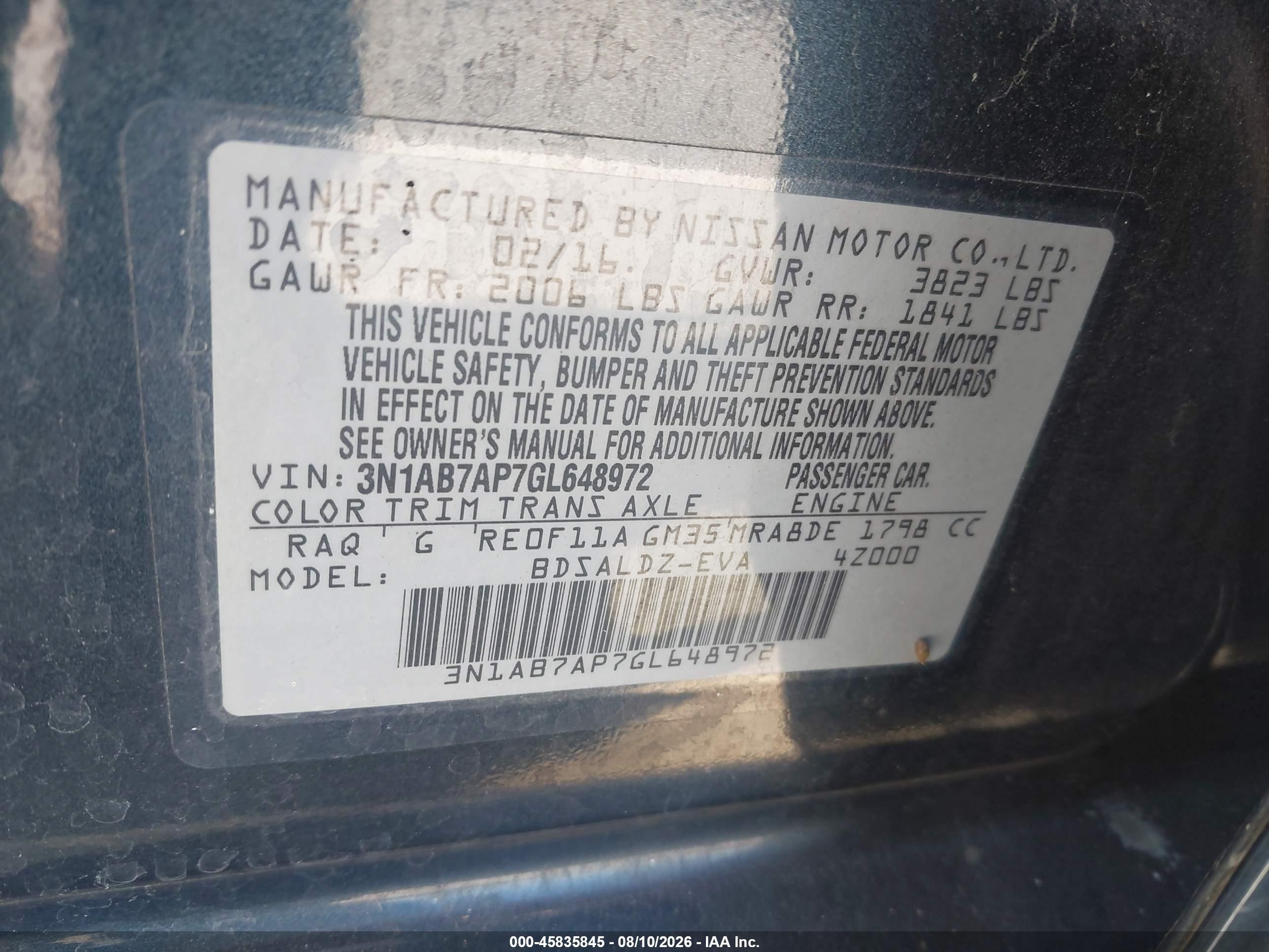 2016 Nissan Sentra Sv vin: 3N1AB7AP7GL648972
