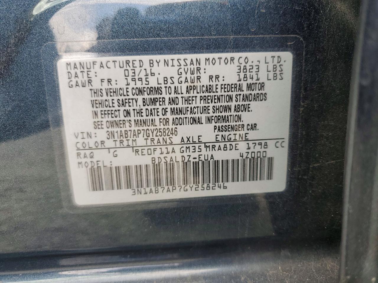 2016 Nissan Sentra Sv Teal vin: 3N1AB7AP7GY258246