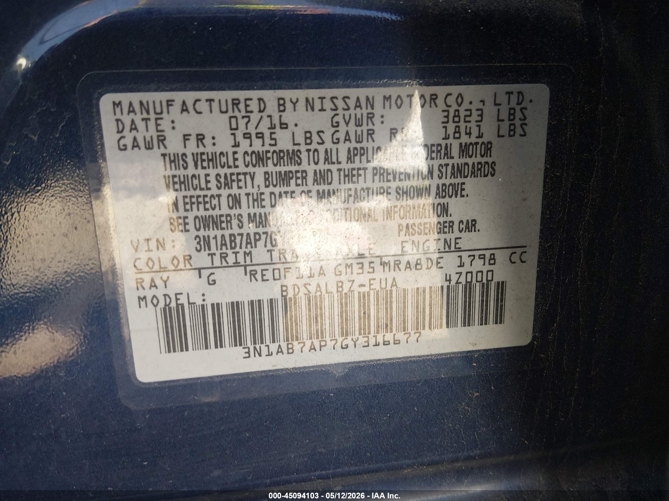 2016 Nissan Sentra S Blue vin: 3N1AB7AP7GY316677