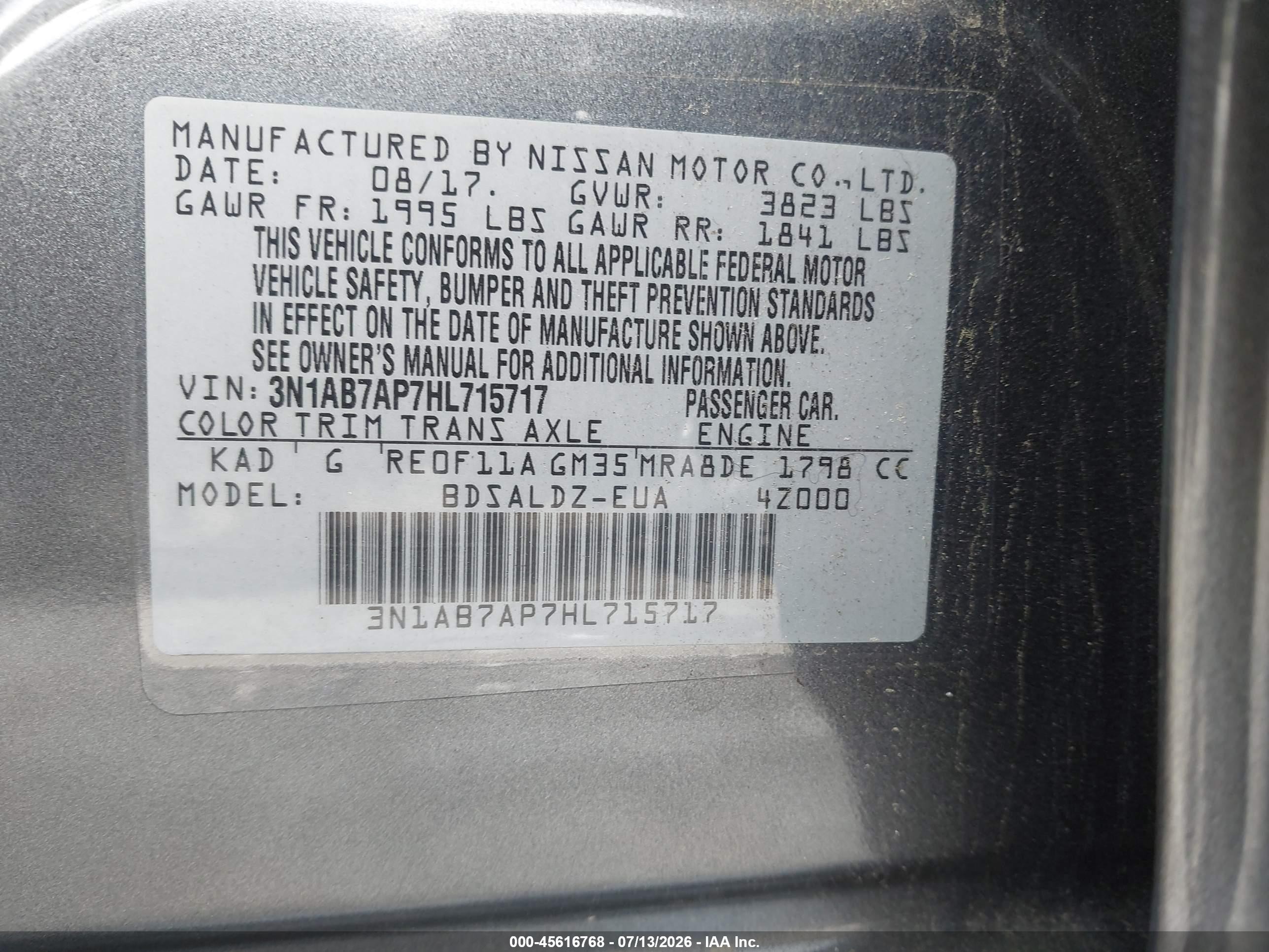 2017 Nissan Sentra Sv Gray vin: 3N1AB7AP7HL715717