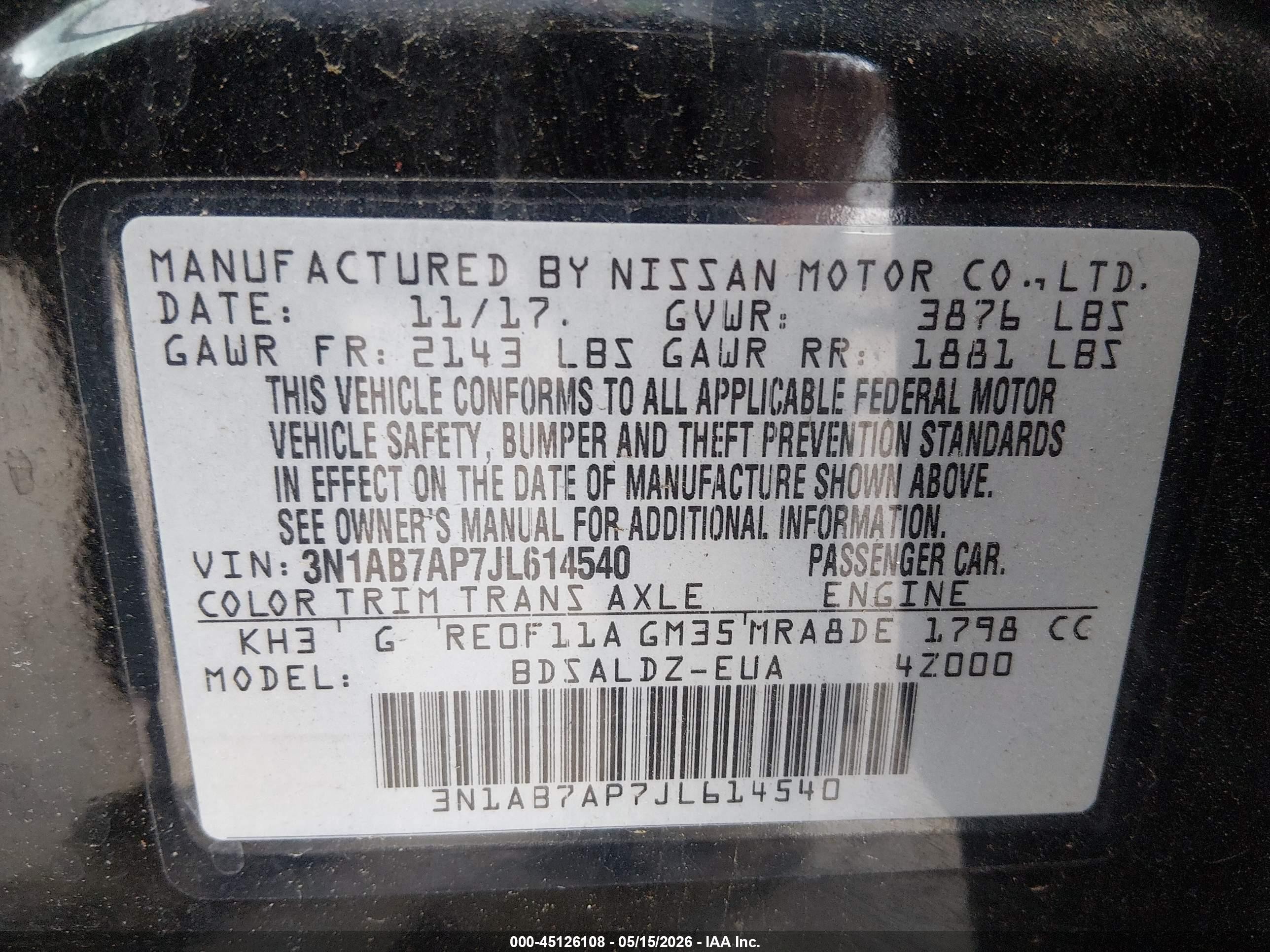 2018 Nissan Sentra Sv Black vin: 3N1AB7AP7JL614540