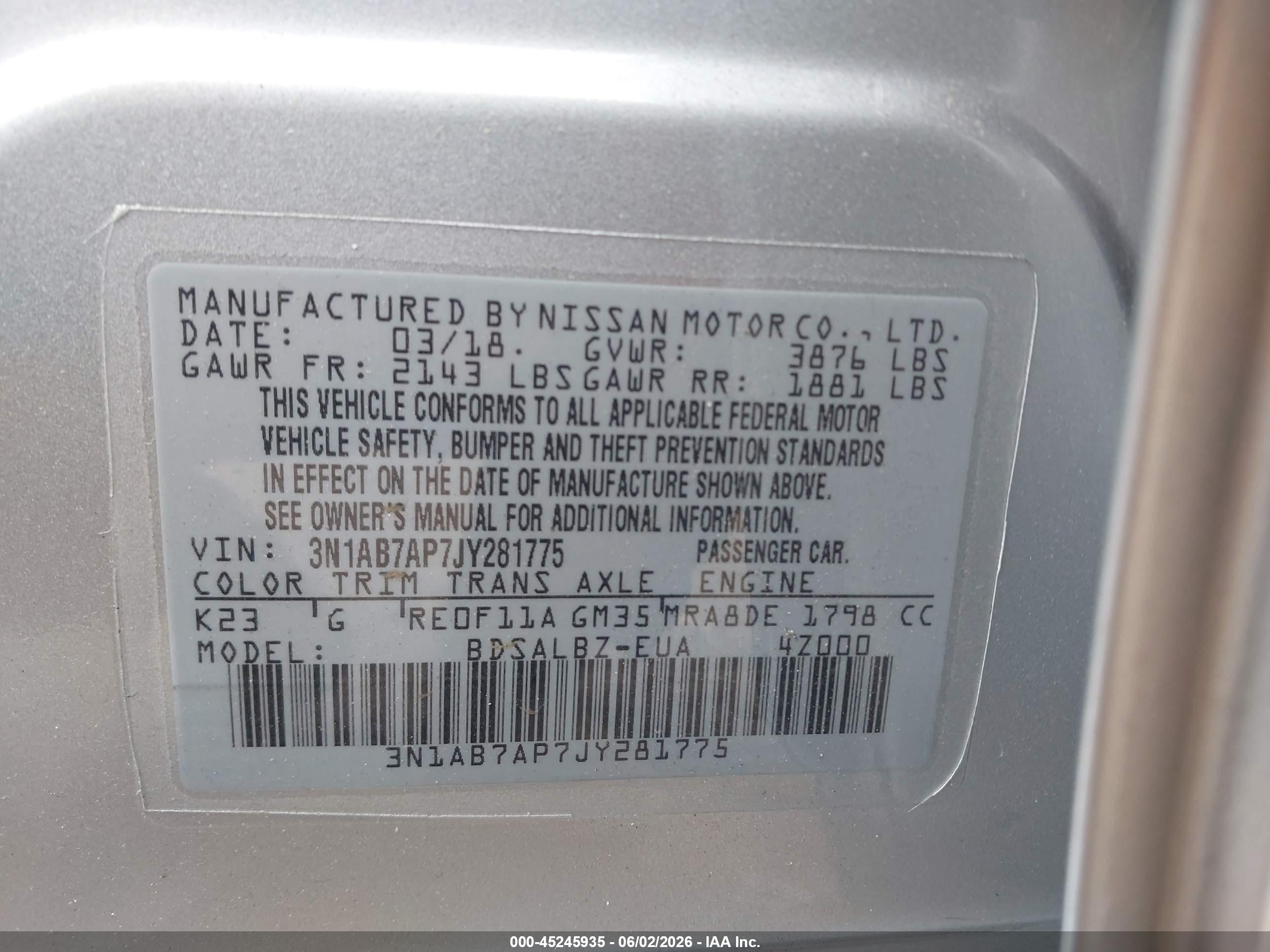 2018 Nissan Sentra S Silver vin: 3N1AB7AP7JY281775