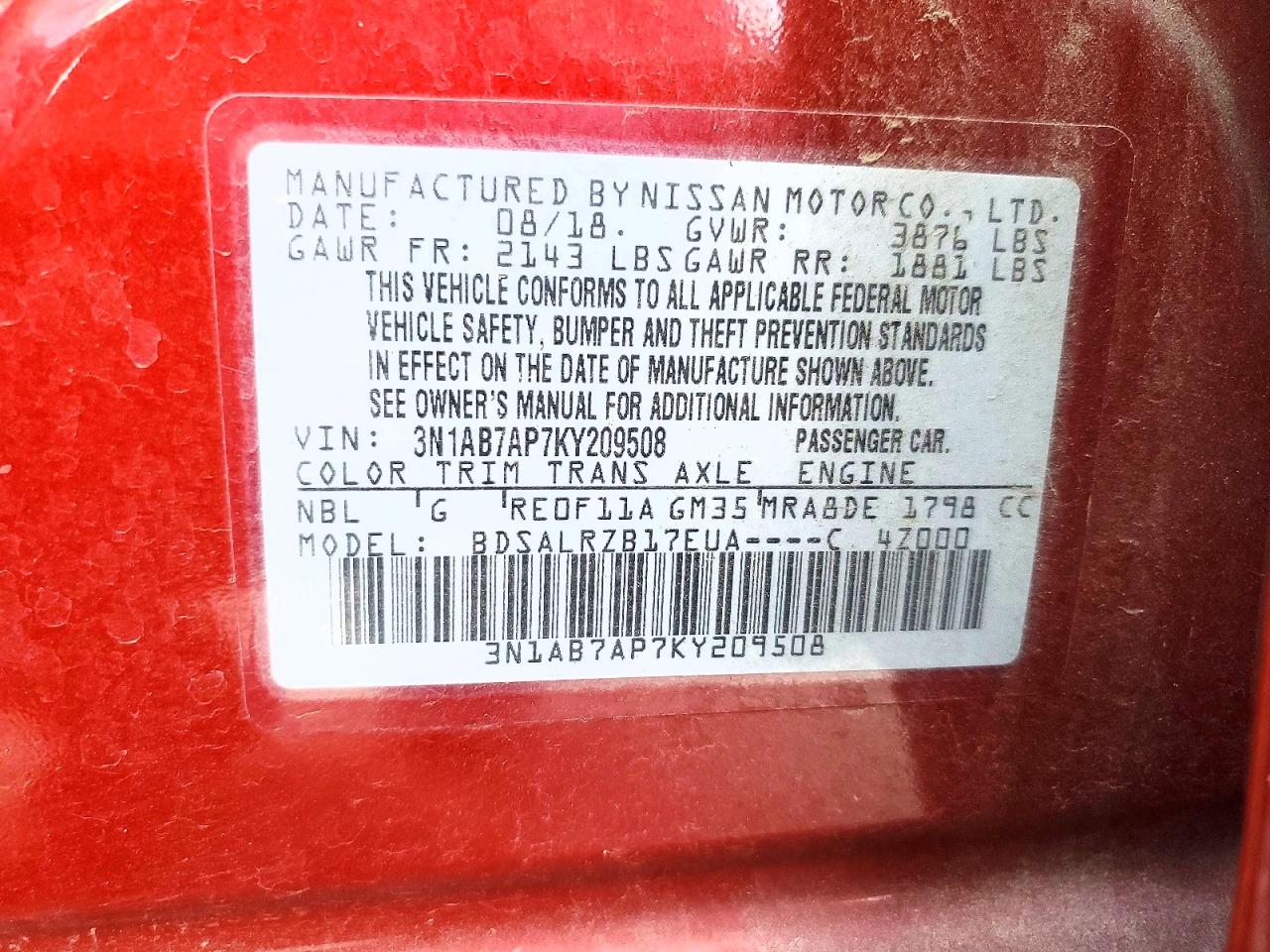 2019 Nissan Sentra Red vin: 3N1AB7AP7KY209508