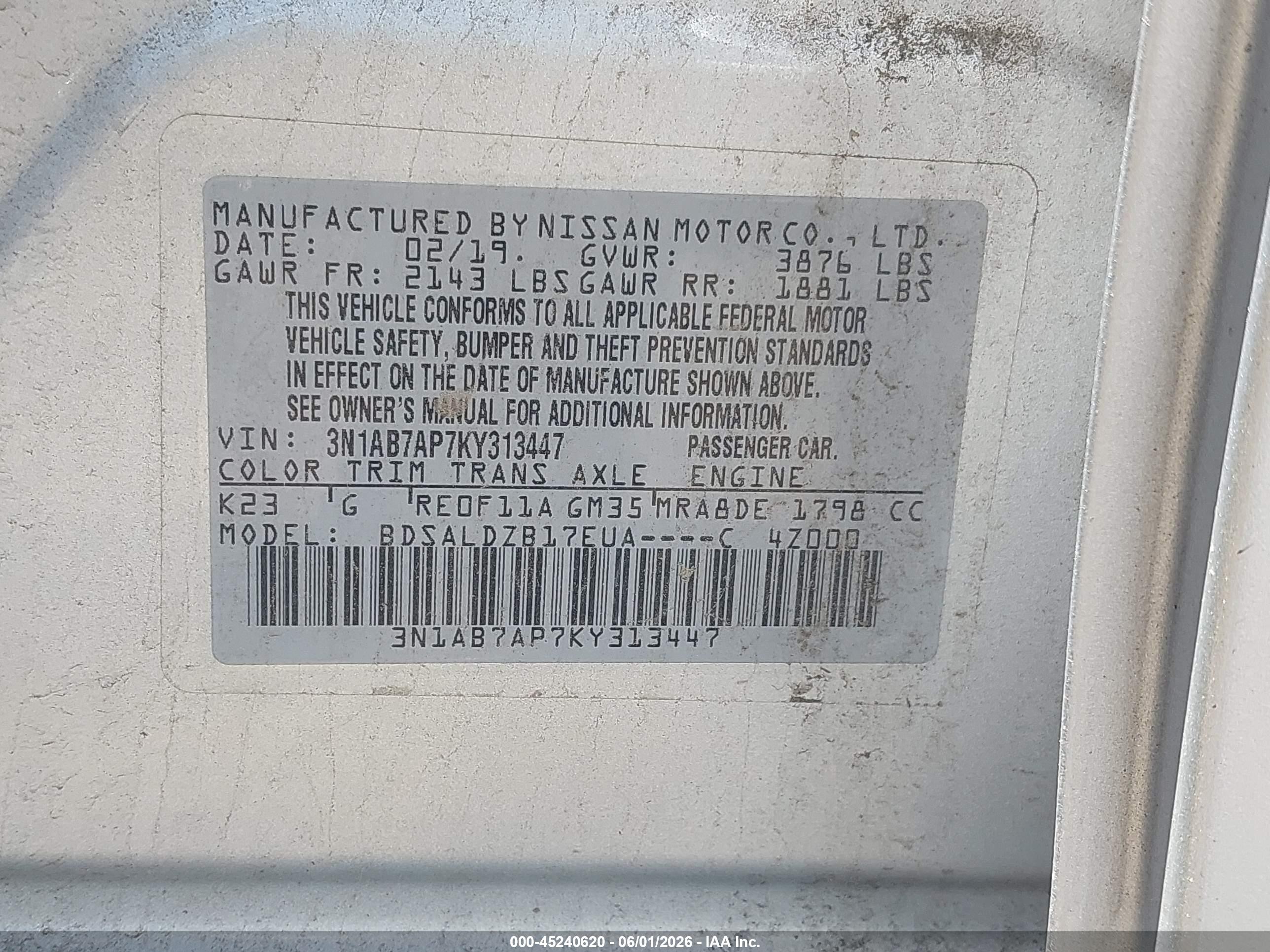 2019 Nissan Sentra Sv Silver vin: 3N1AB7AP7KY313447