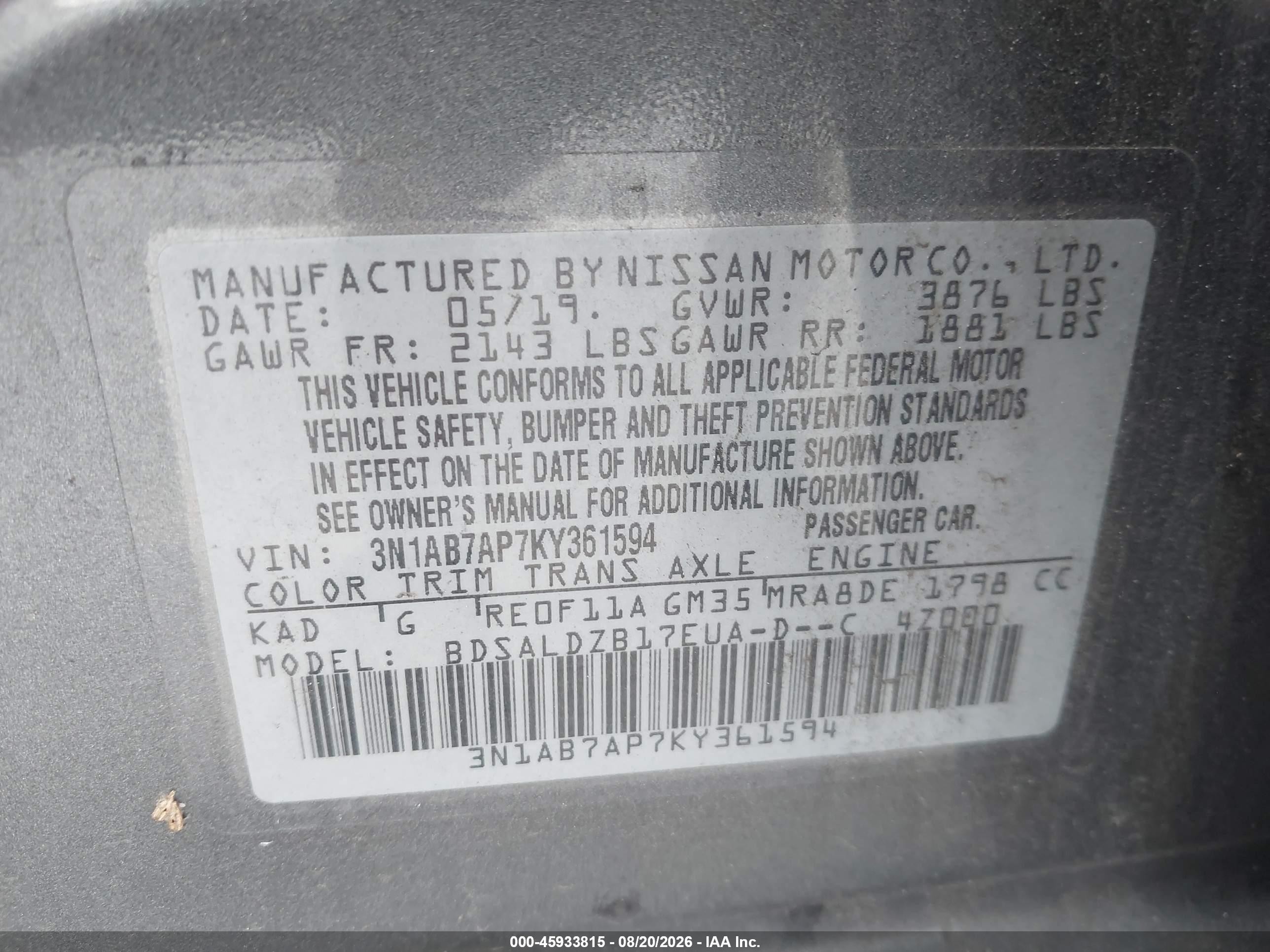2019 Nissan Sentra Sv Gray vin: 3N1AB7AP7KY361594