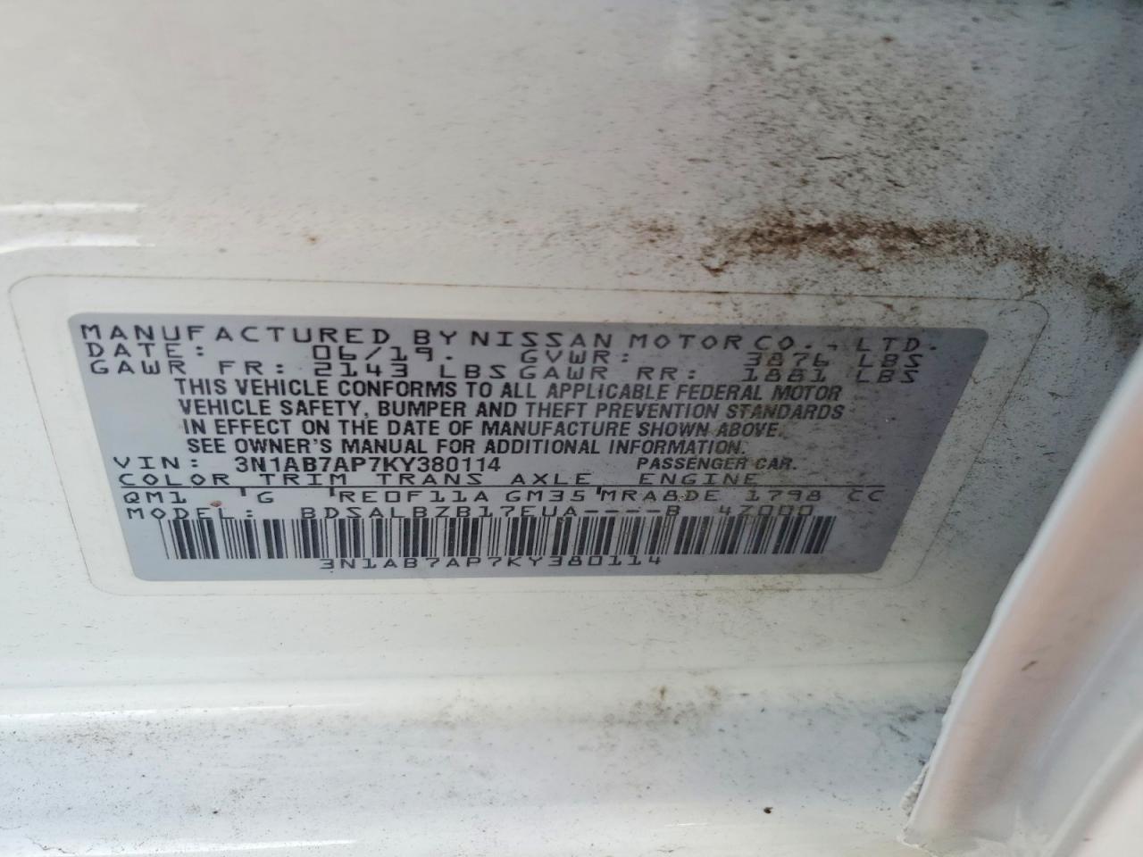 2019 Nissan Sentra S White vin: 3N1AB7AP7KY380114