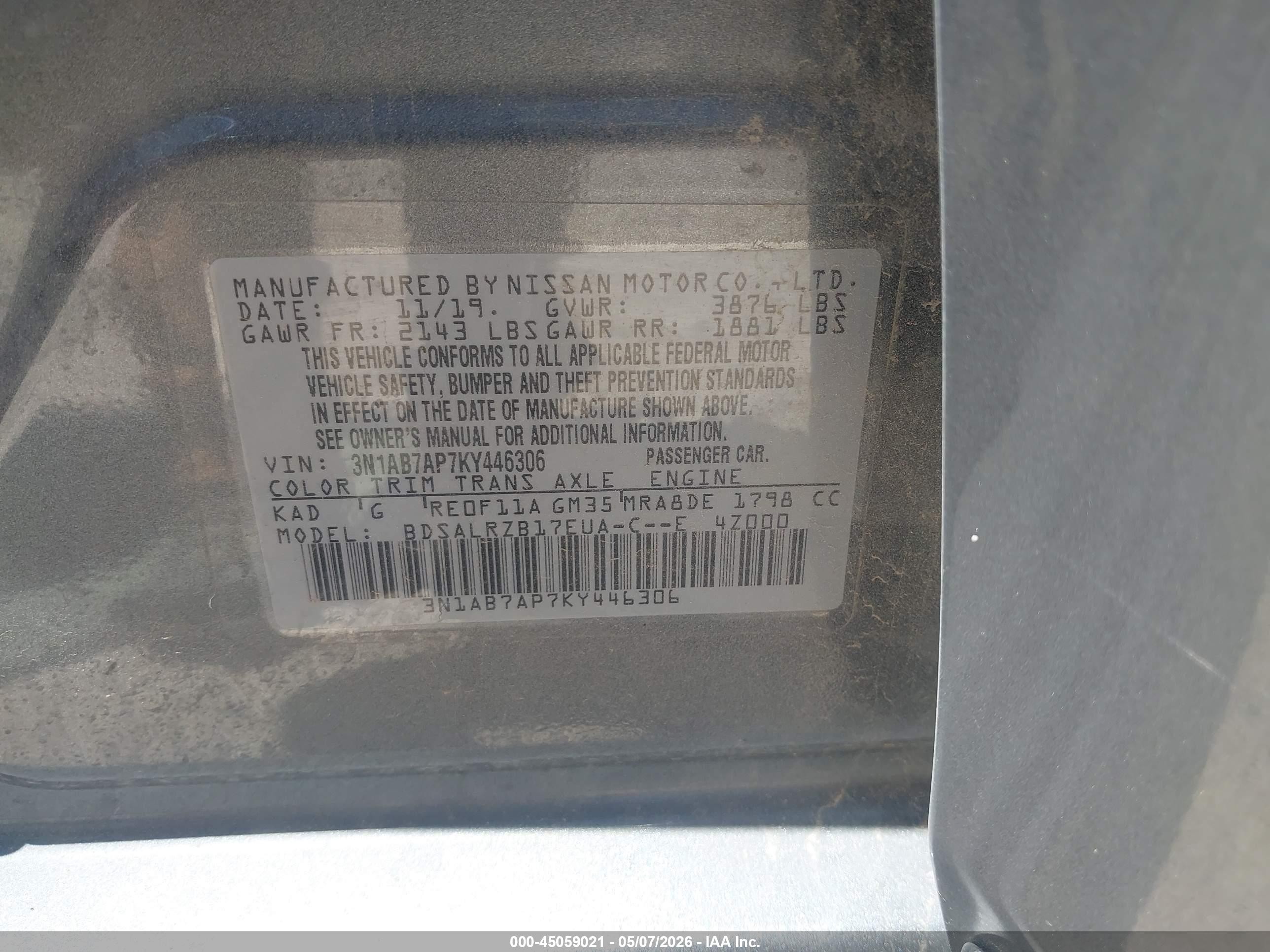 2019 Nissan Sentra Sr Gray vin: 3N1AB7AP7KY446306