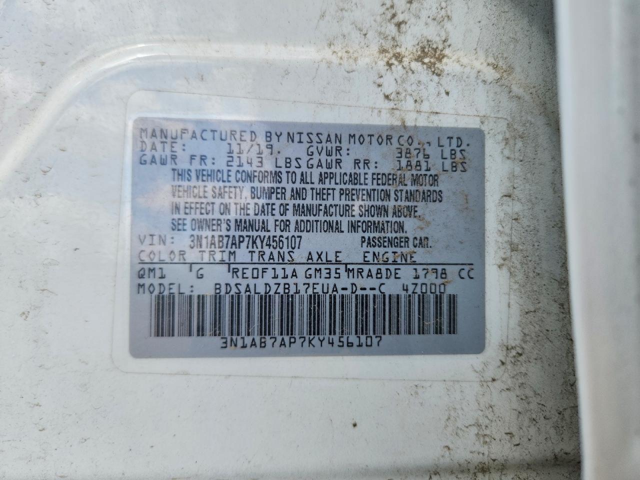 2019 Nissan Sentra Sv White vin: 3N1AB7AP7KY456107