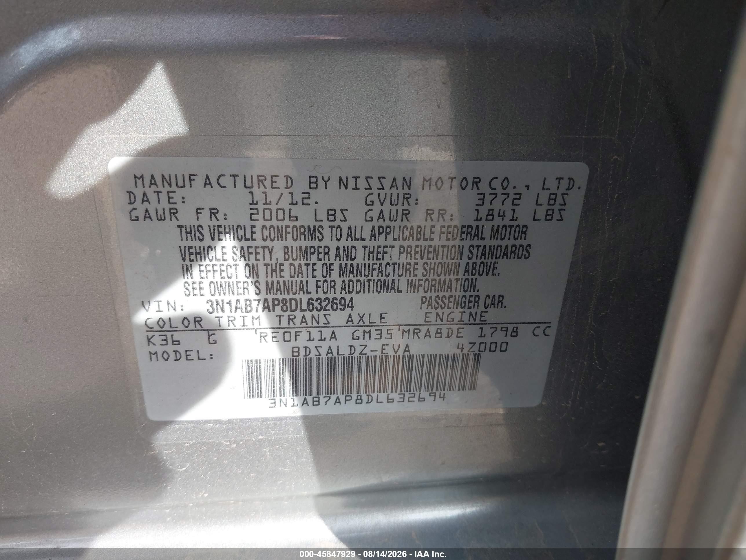 2013 Nissan Sentra Sv Gray vin: 3N1AB7AP8DL632694