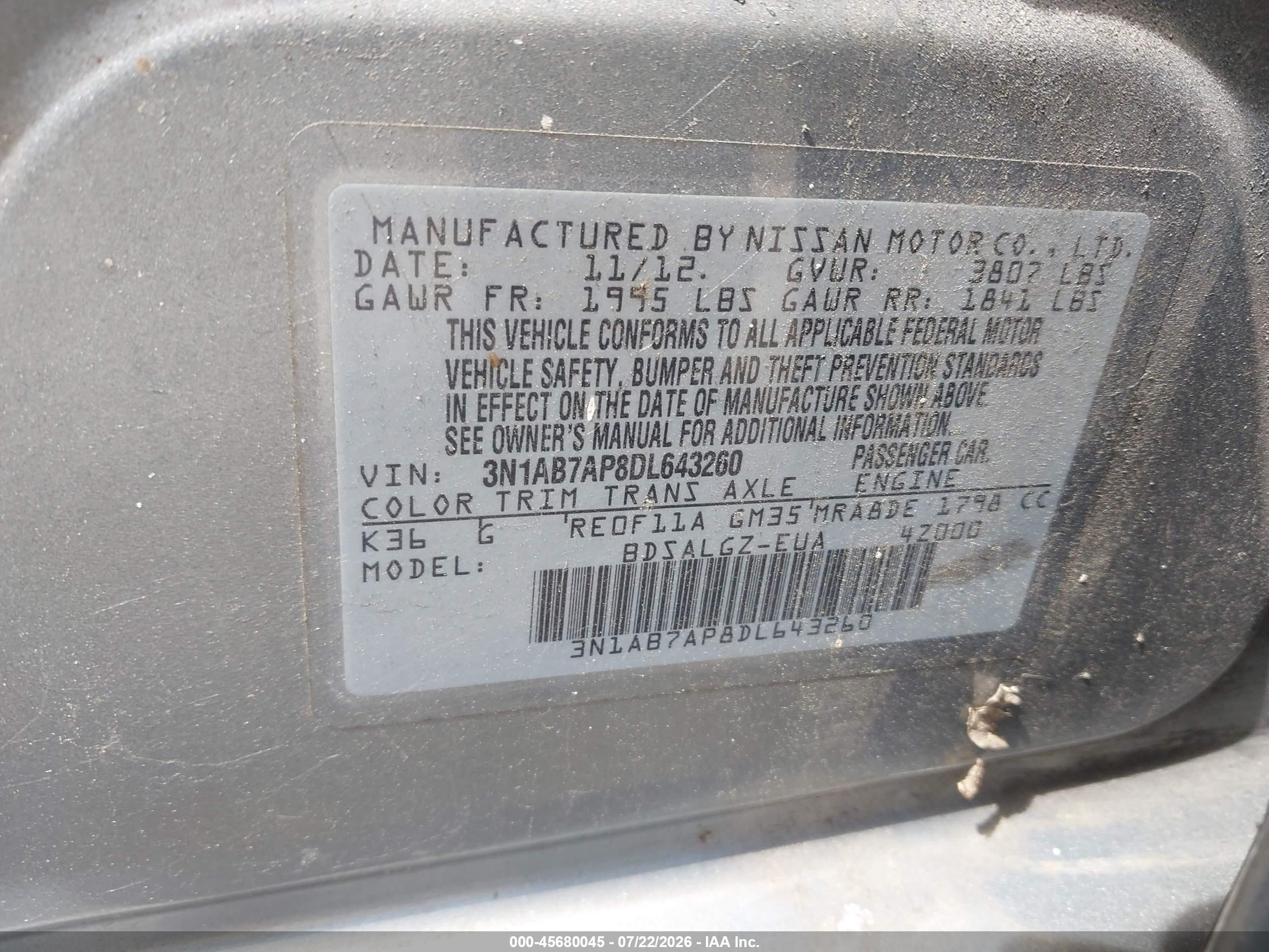 2013 Nissan Sentra Sl Gray vin: 3N1AB7AP8DL643260