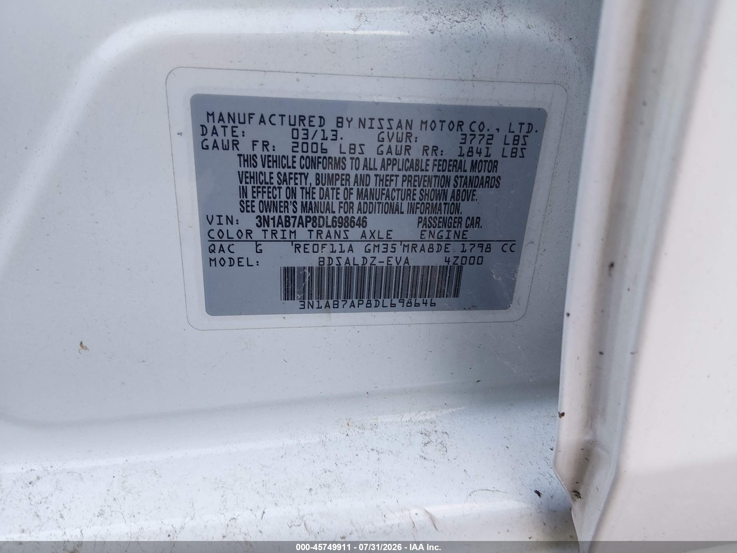 2013 Nissan Sentra Sv White vin: 3N1AB7AP8DL698646