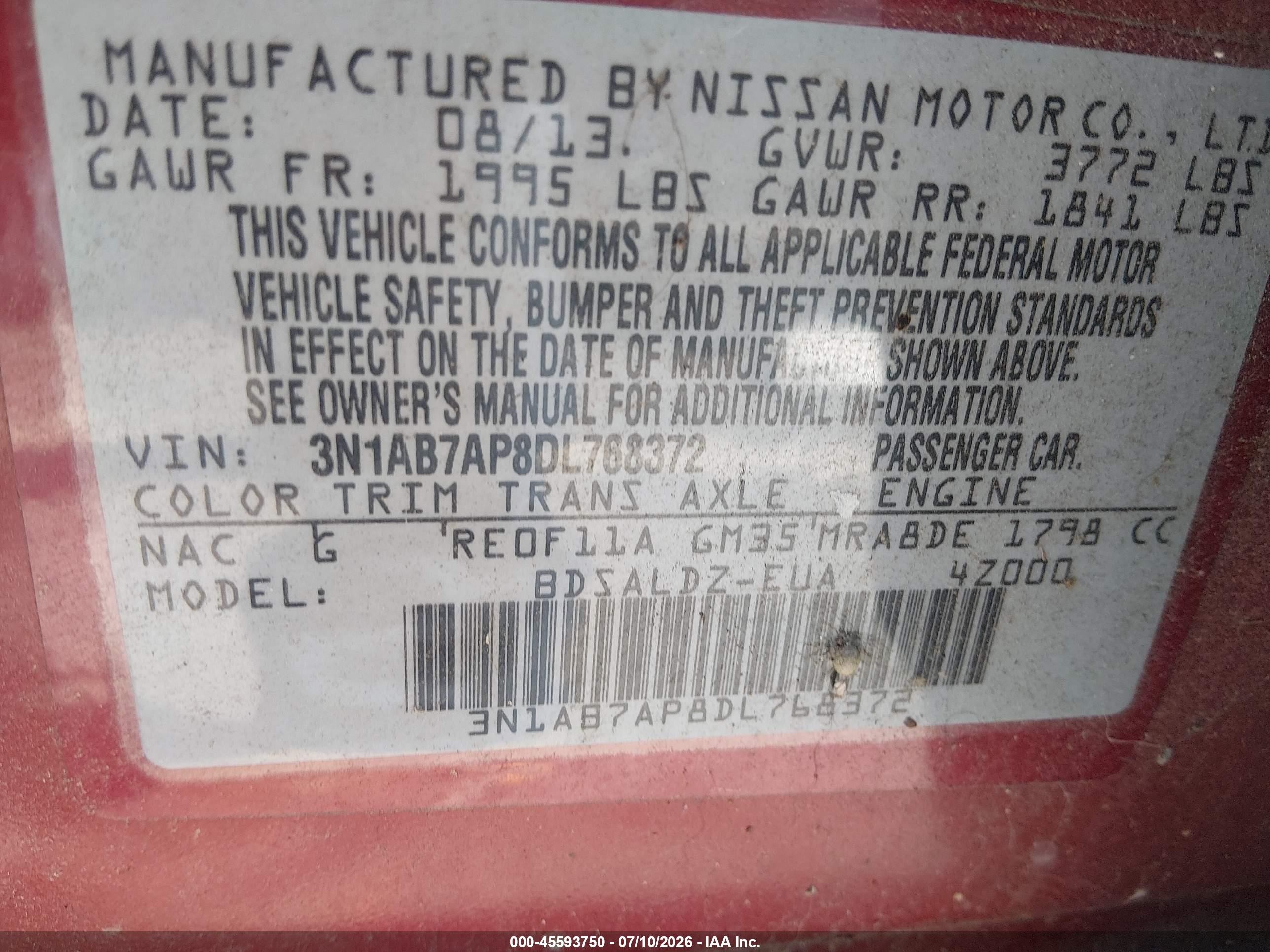 2013 Nissan Sentra Sv Red vin: 3N1AB7AP8DL768372
