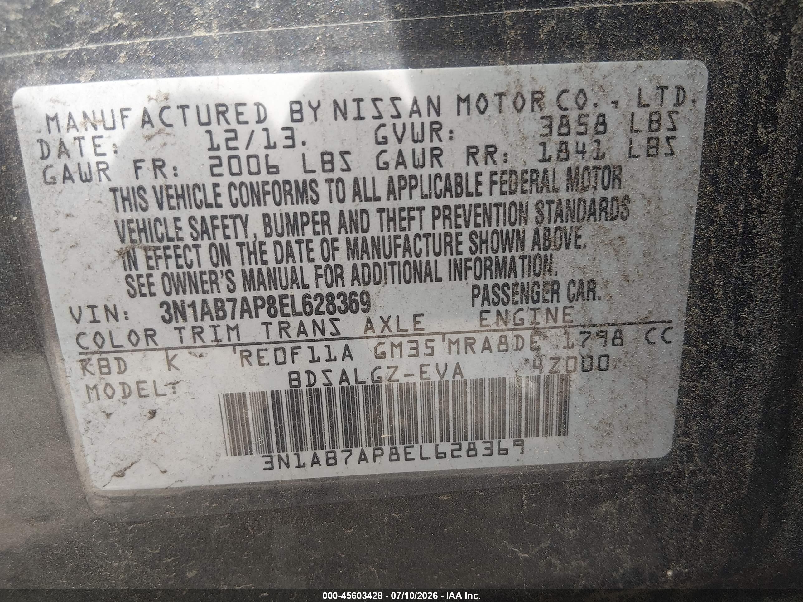 2014 Nissan Sentra Sl Gray vin: 3N1AB7AP8EL628369