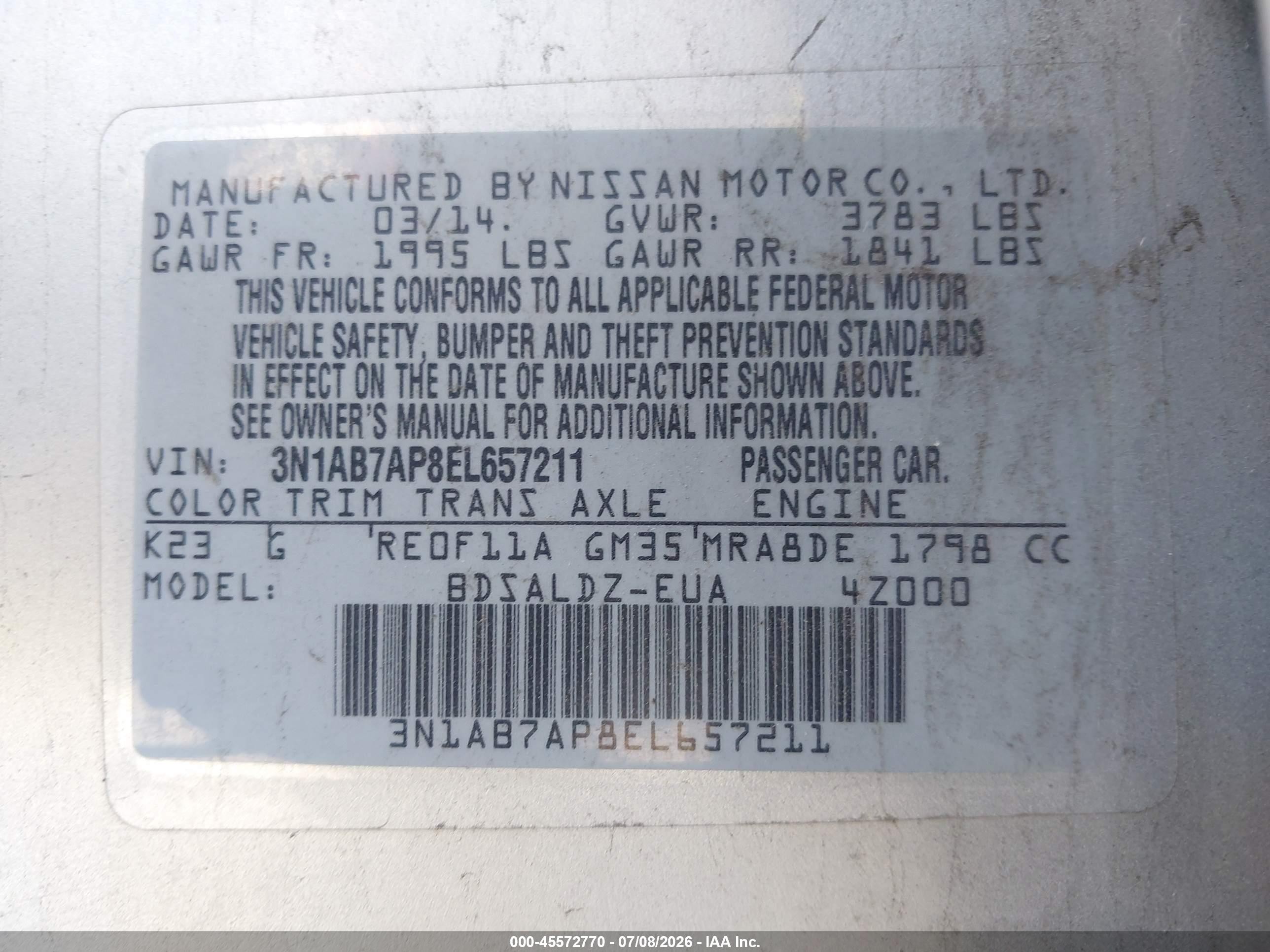 2014 Nissan Sentra Fe+ S/fe+ Sv/s/sl/sr/sv Silver vin: 3N1AB7AP8EL657211