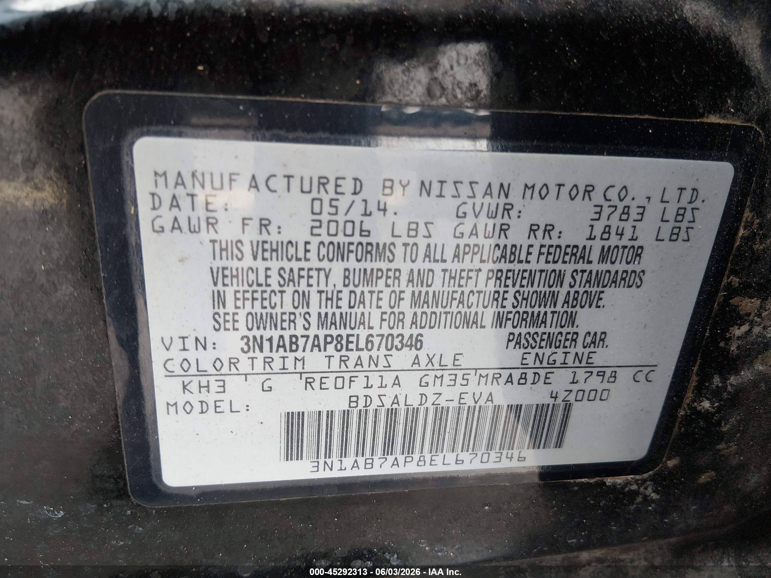 2014 Nissan Sentra Fe+ S/fe+ Sv/s/sl/sr/sv Black vin: 3N1AB7AP8EL670346