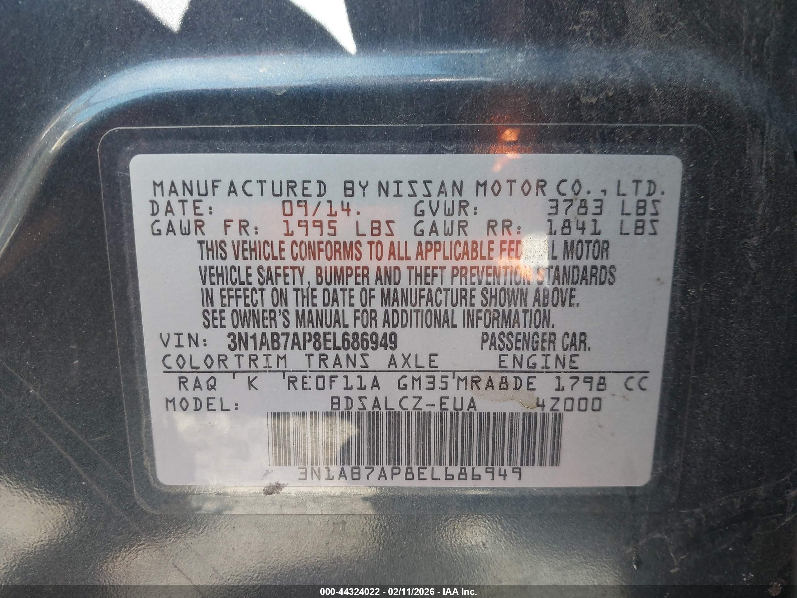 2014 Nissan Sentra S Blue vin: 3N1AB7AP8EL686949