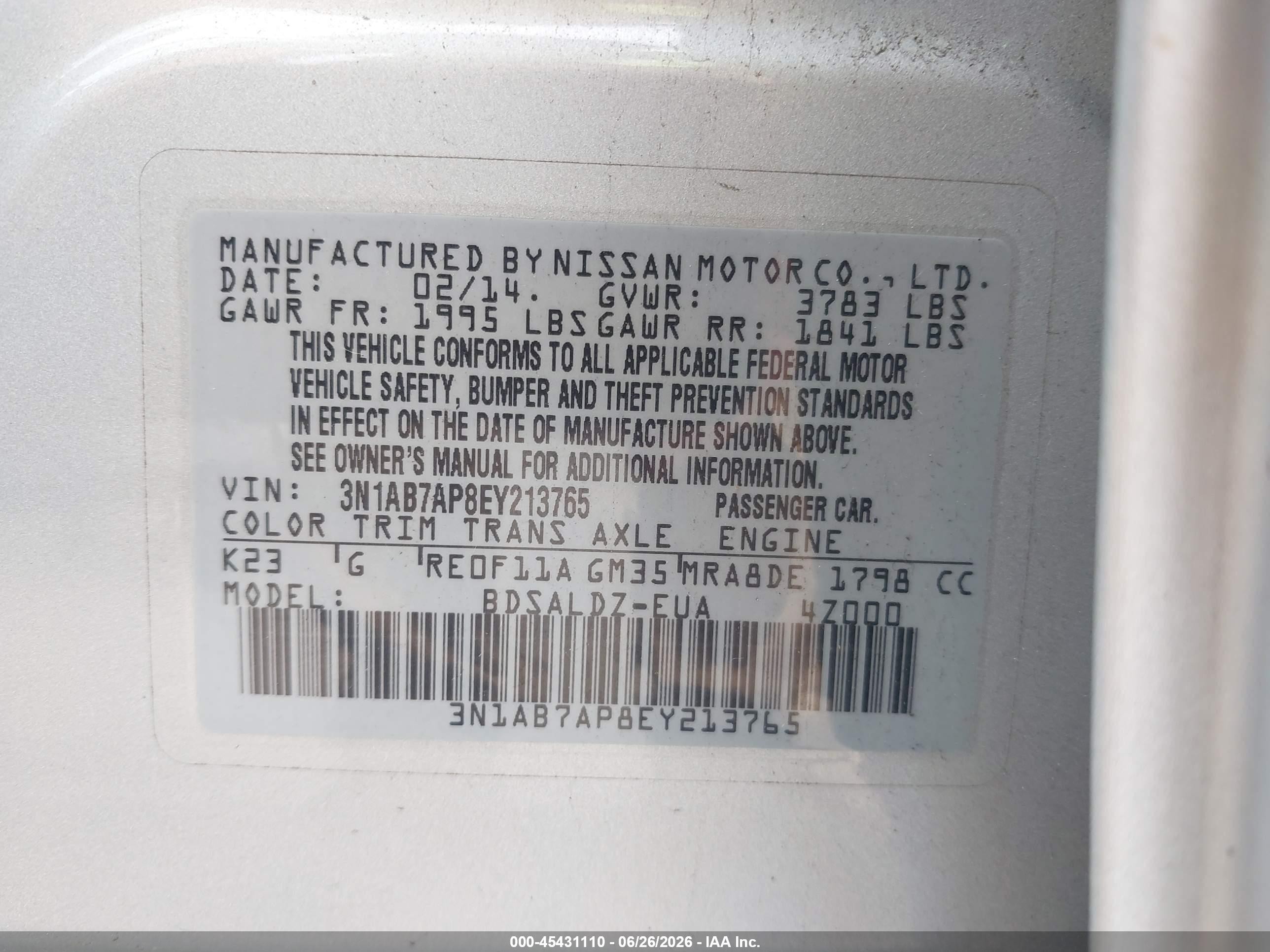 2014 Nissan Sentra Fe+ S/fe+ Sv/s/sl/sr/sv Silver vin: 3N1AB7AP8EY213765