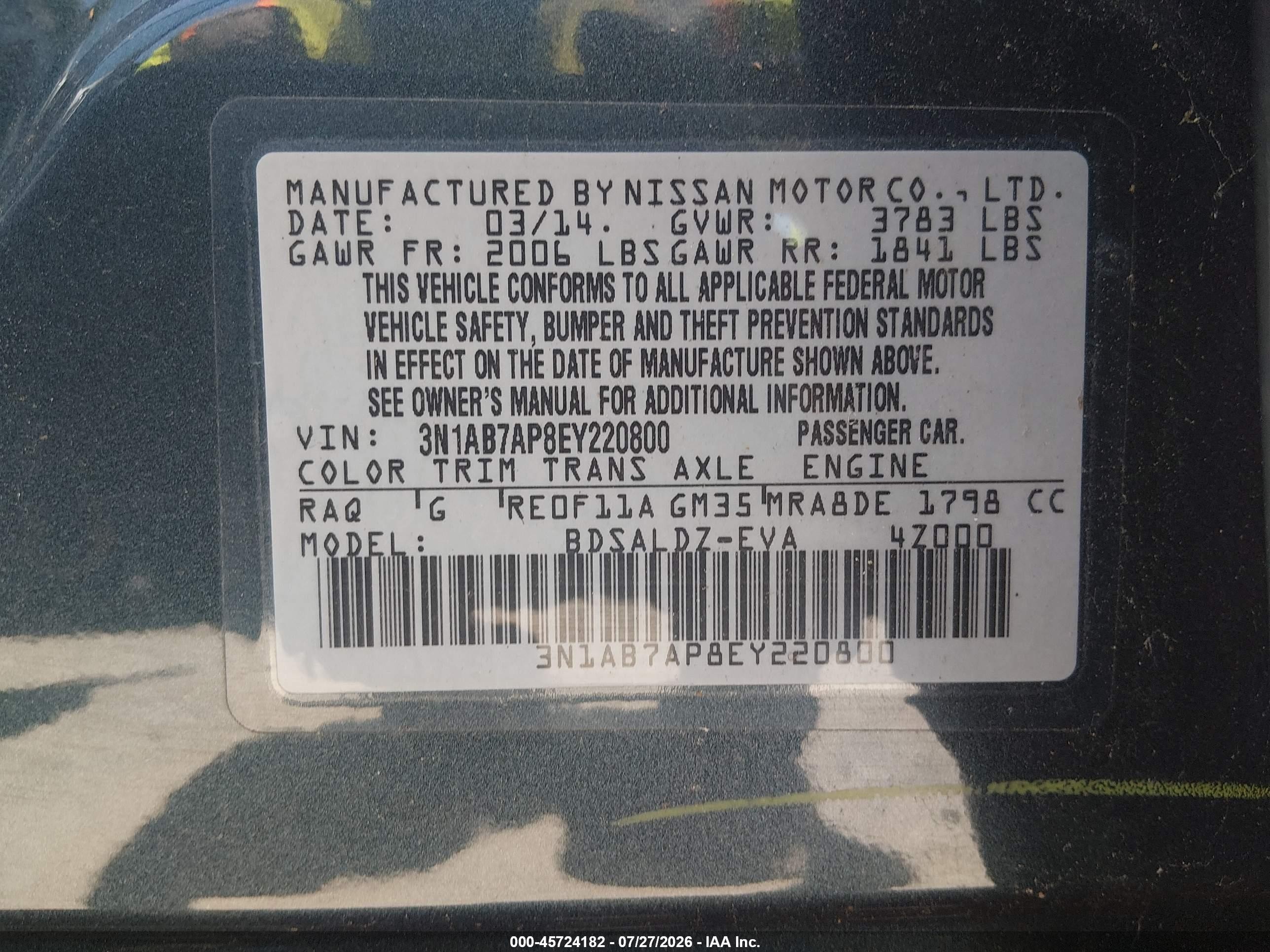 2014 Nissan Sentra Fe+ S/fe+ Sv/s/sl/sr/sv Blue vin: 3N1AB7AP8EY220800