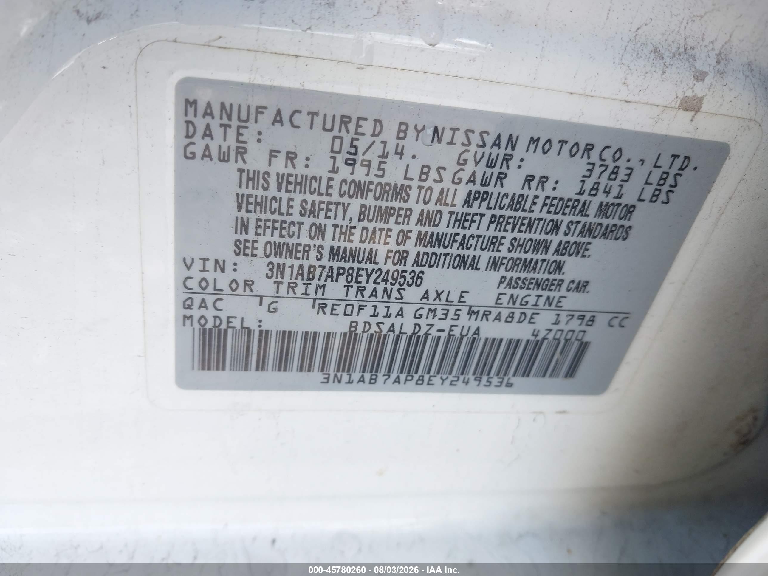 2014 Nissan Sentra Fe+ S/fe+ Sv/s/sl/sr/sv White vin: 3N1AB7AP8EY249536