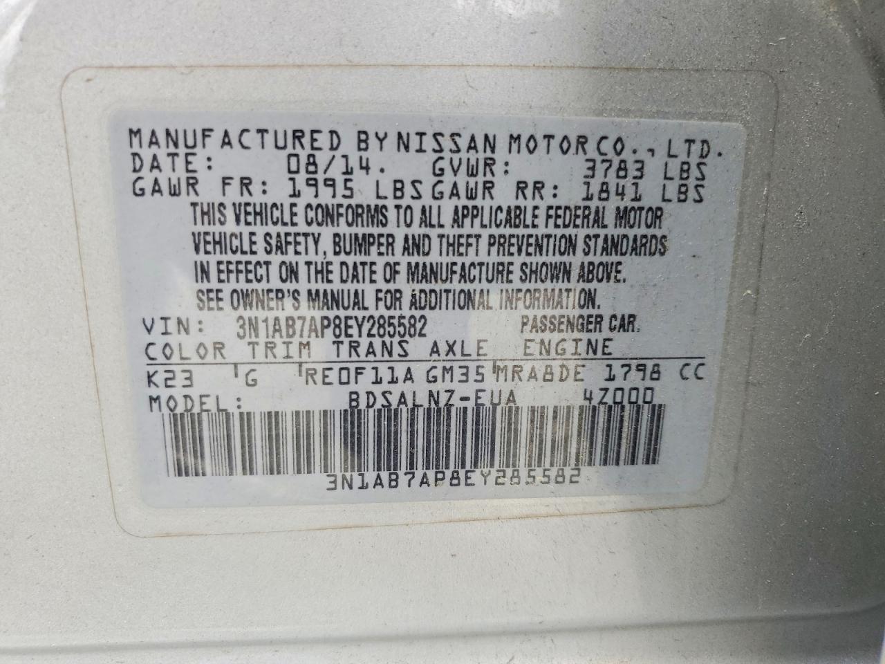 2014 Nissan Sentra Fe+ Sv Silver vin: 3N1AB7AP8EY285582