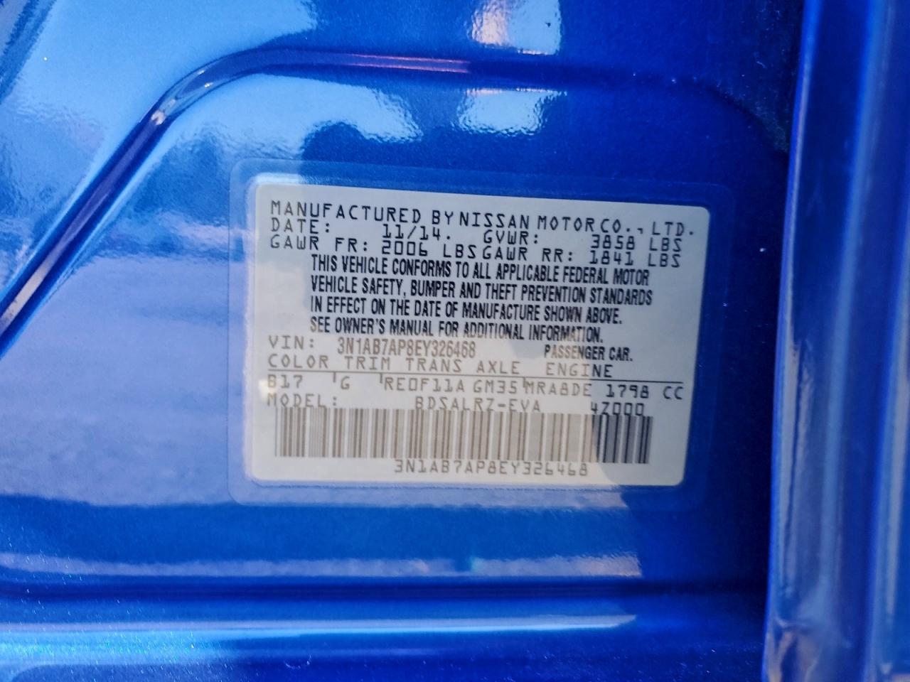 2014 Nissan Sentra S Blue vin: 3N1AB7AP8EY326468
